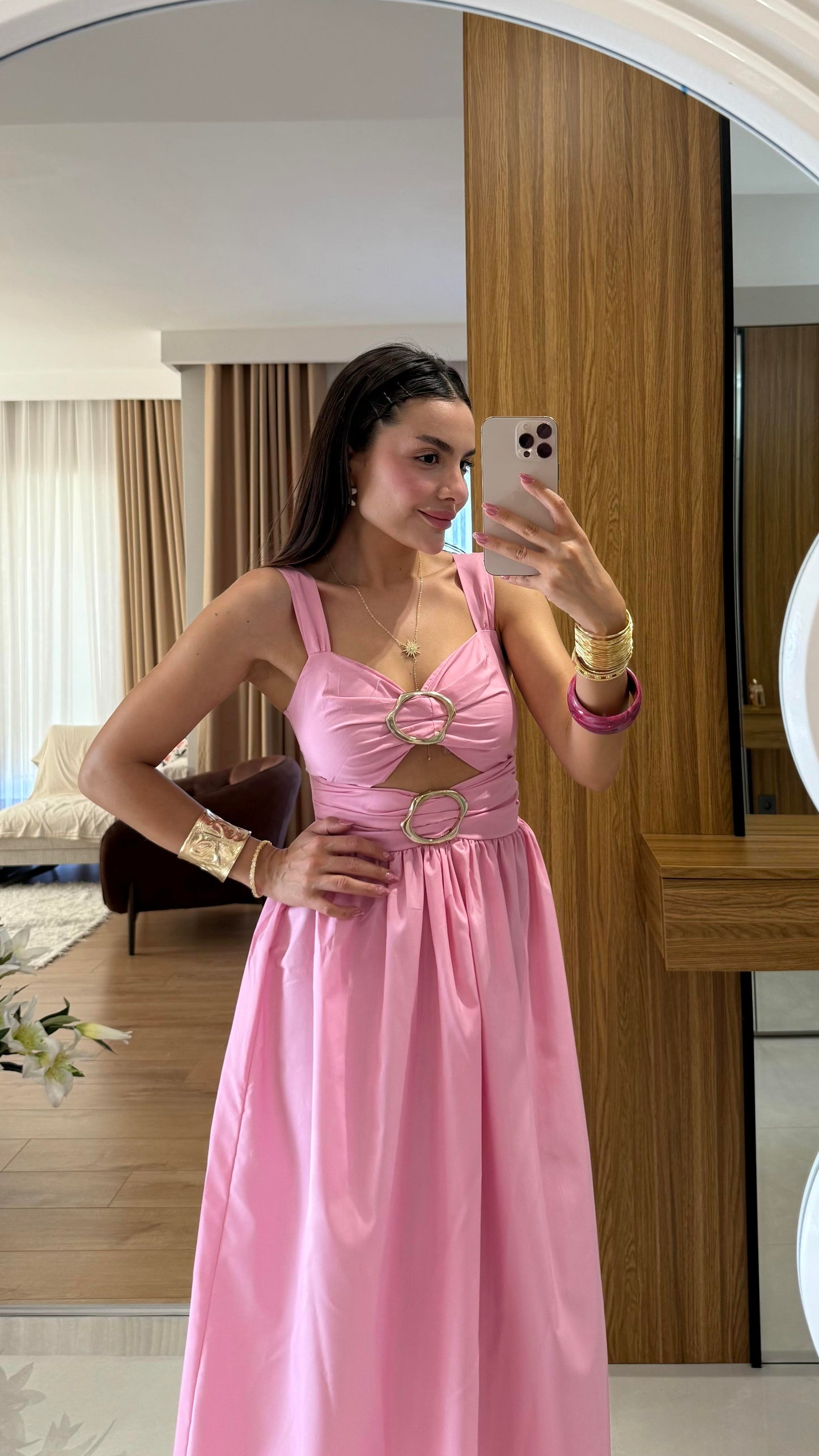 Fleur Aksesuarlı Pembe Elbise