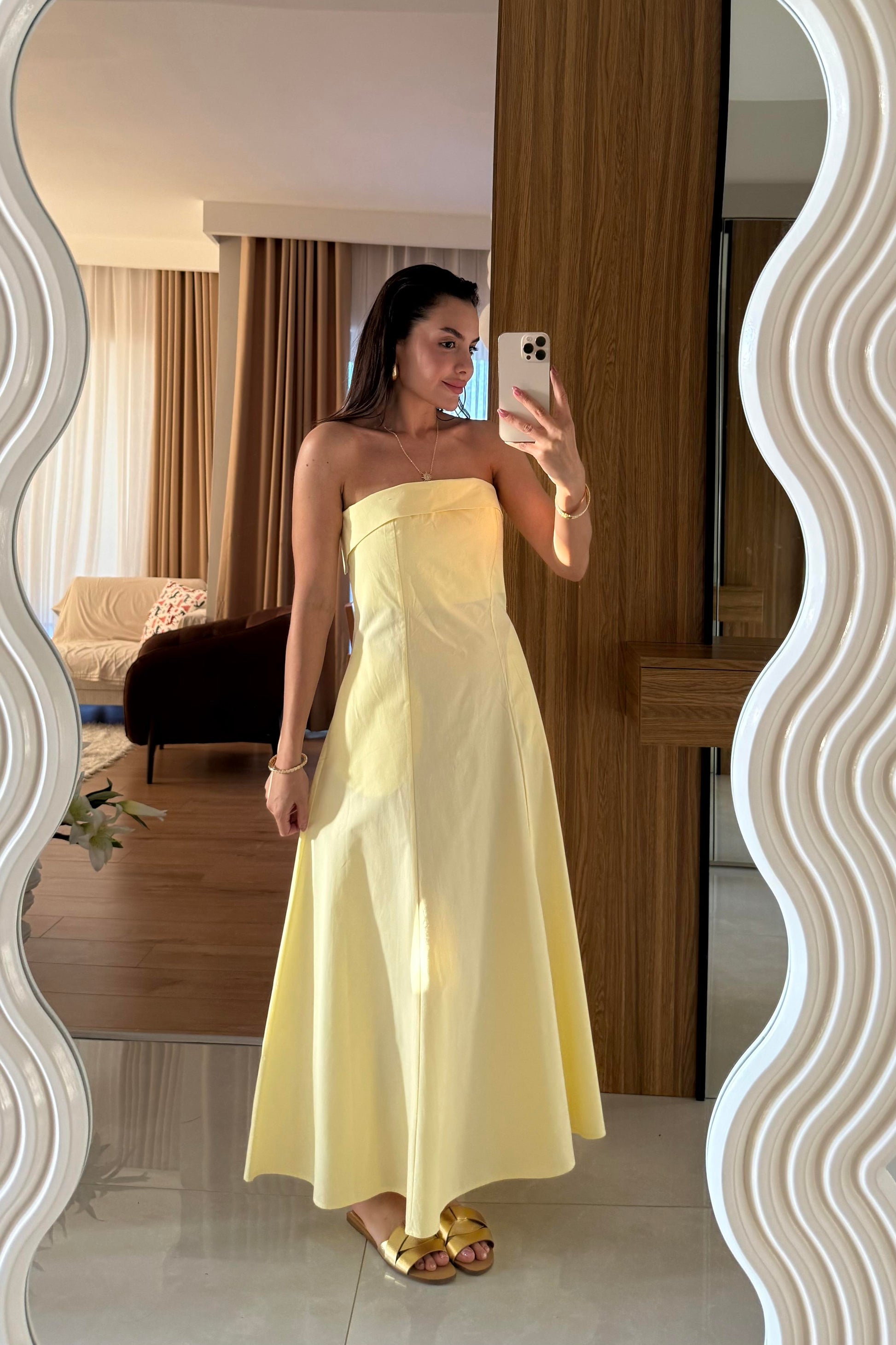 Jolina Sarı Straplez Cepli Çan Elbise
