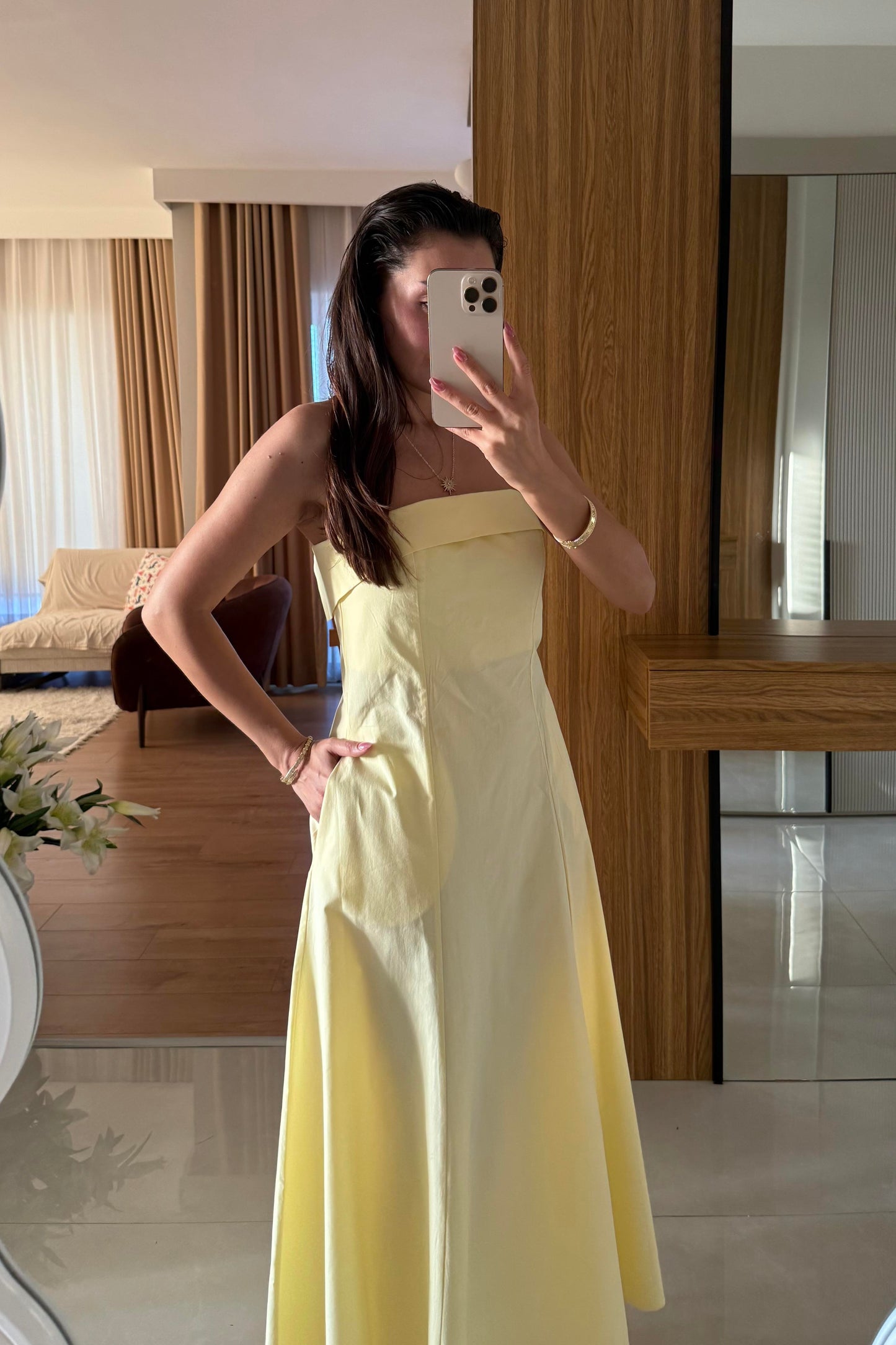 Jolina Sarı Straplez Cepli Çan Elbise