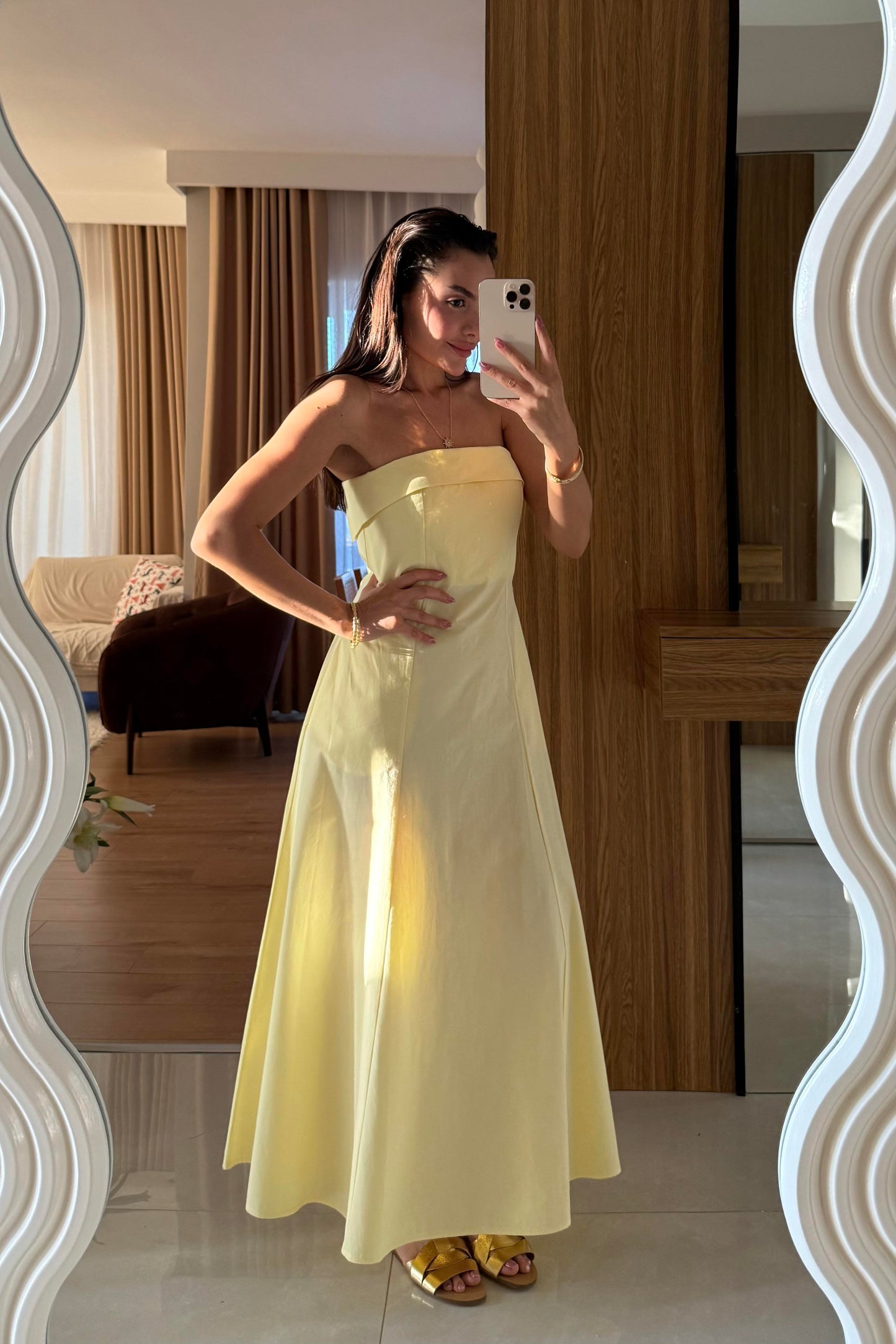 Jolina Sarı Straplez Cepli Çan Elbise