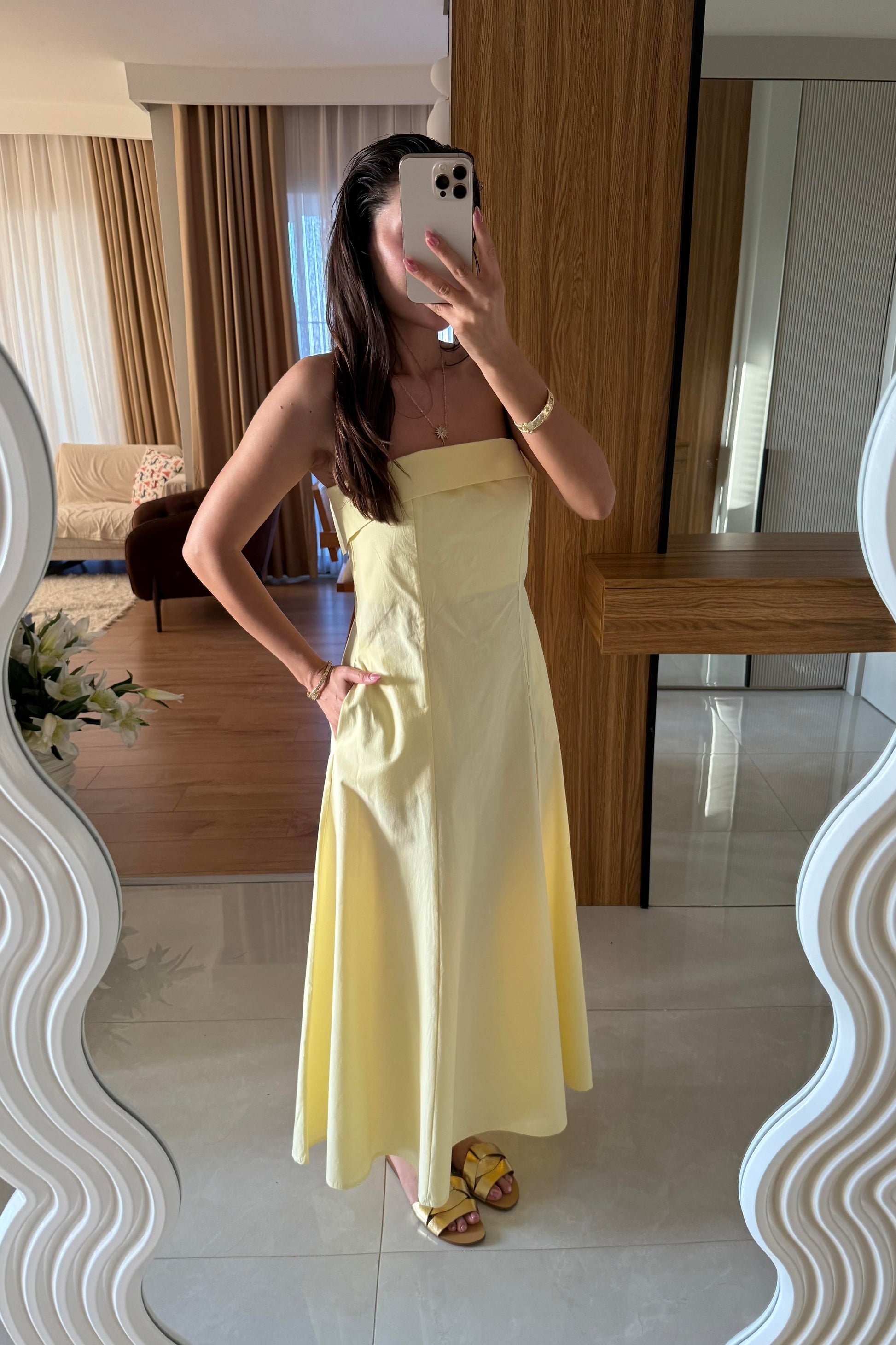 Jolina Sarı Straplez Cepli Çan Elbise