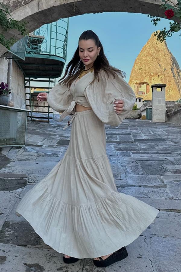 Forel Crop ve Maxi Etek Takım - Bej