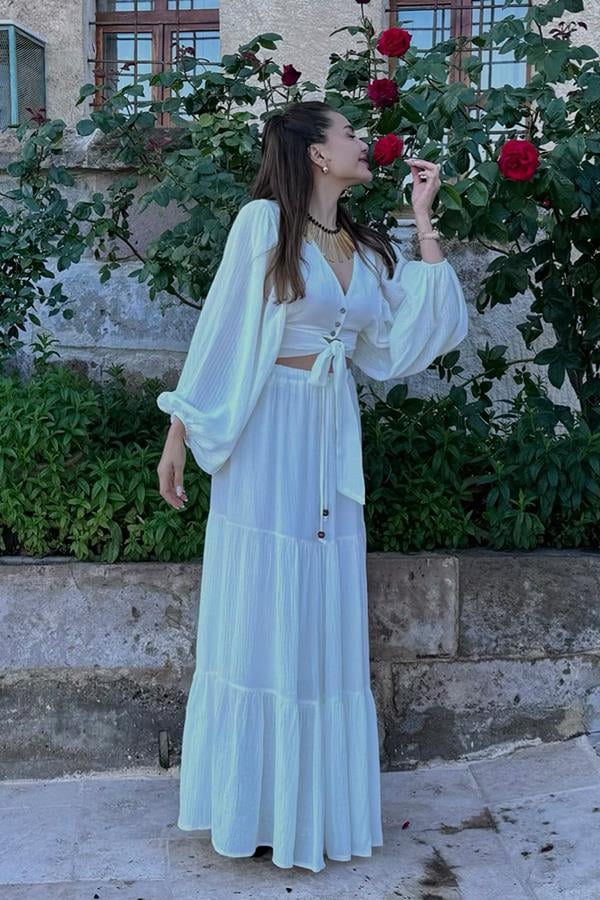Forel Crop ve Maxi Etek Takım - Beyaz