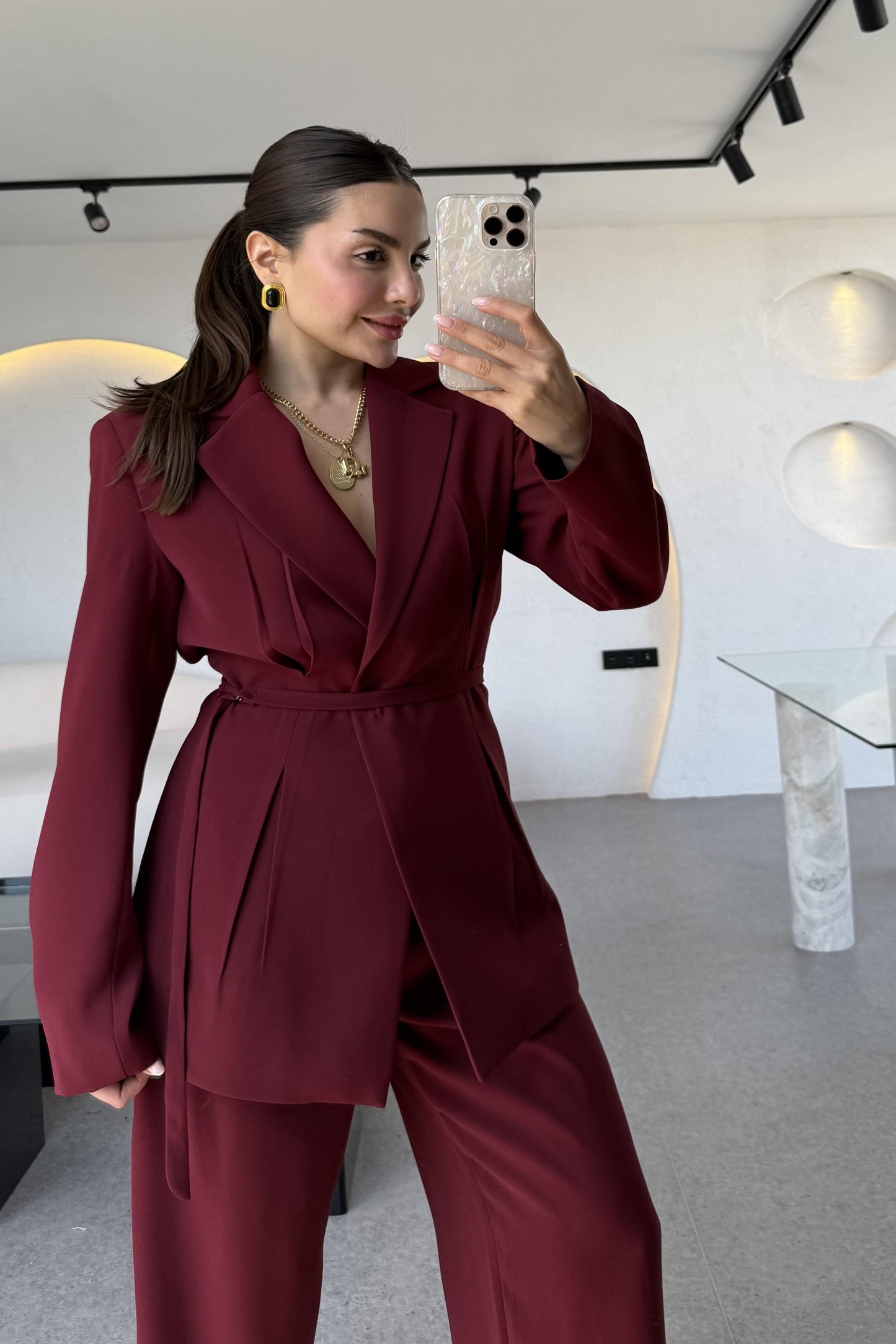Frand Bordo Premium Krep Kuşaklı Blazer