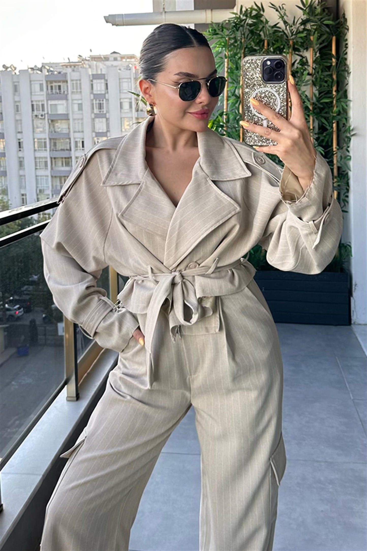 Frankie Krem Çizgili Blazer Ceket