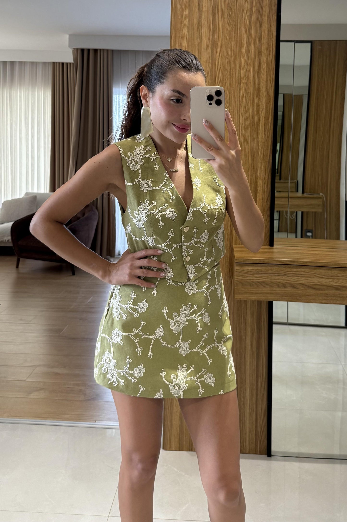 Frenchie Haki Nakışlı Şort takım