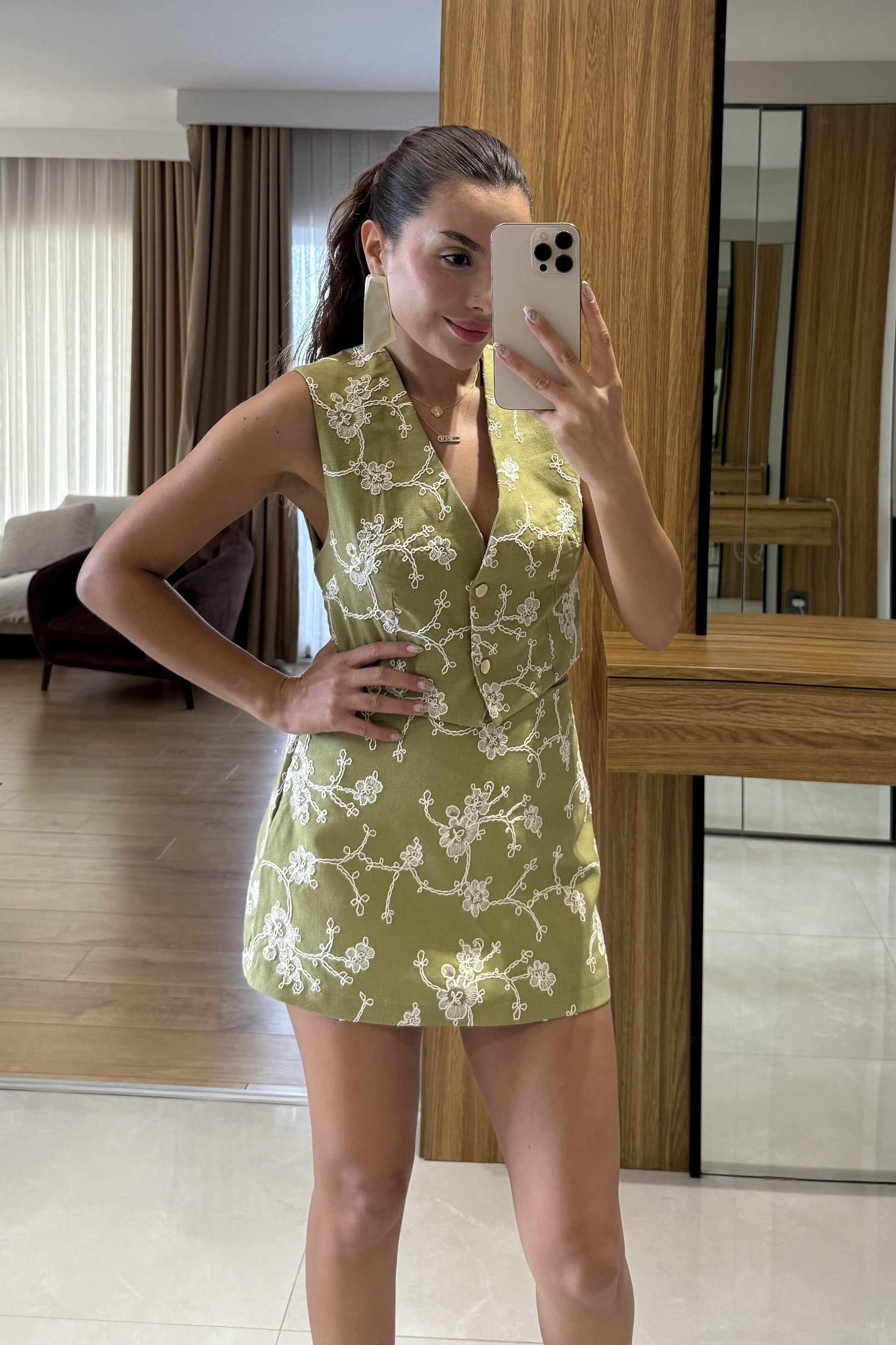 Frenchie Haki Nakışlı Şort takım