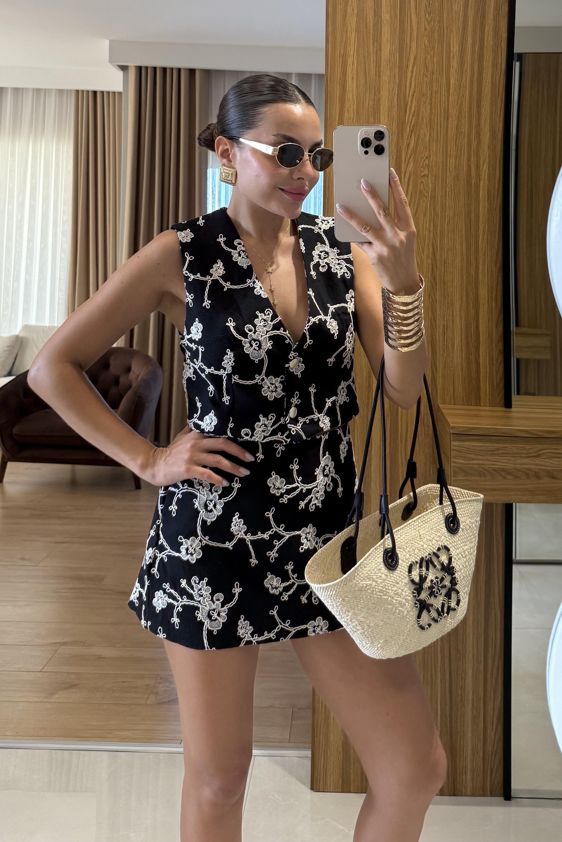 Frenchie Siyah Nakışlı şort takım