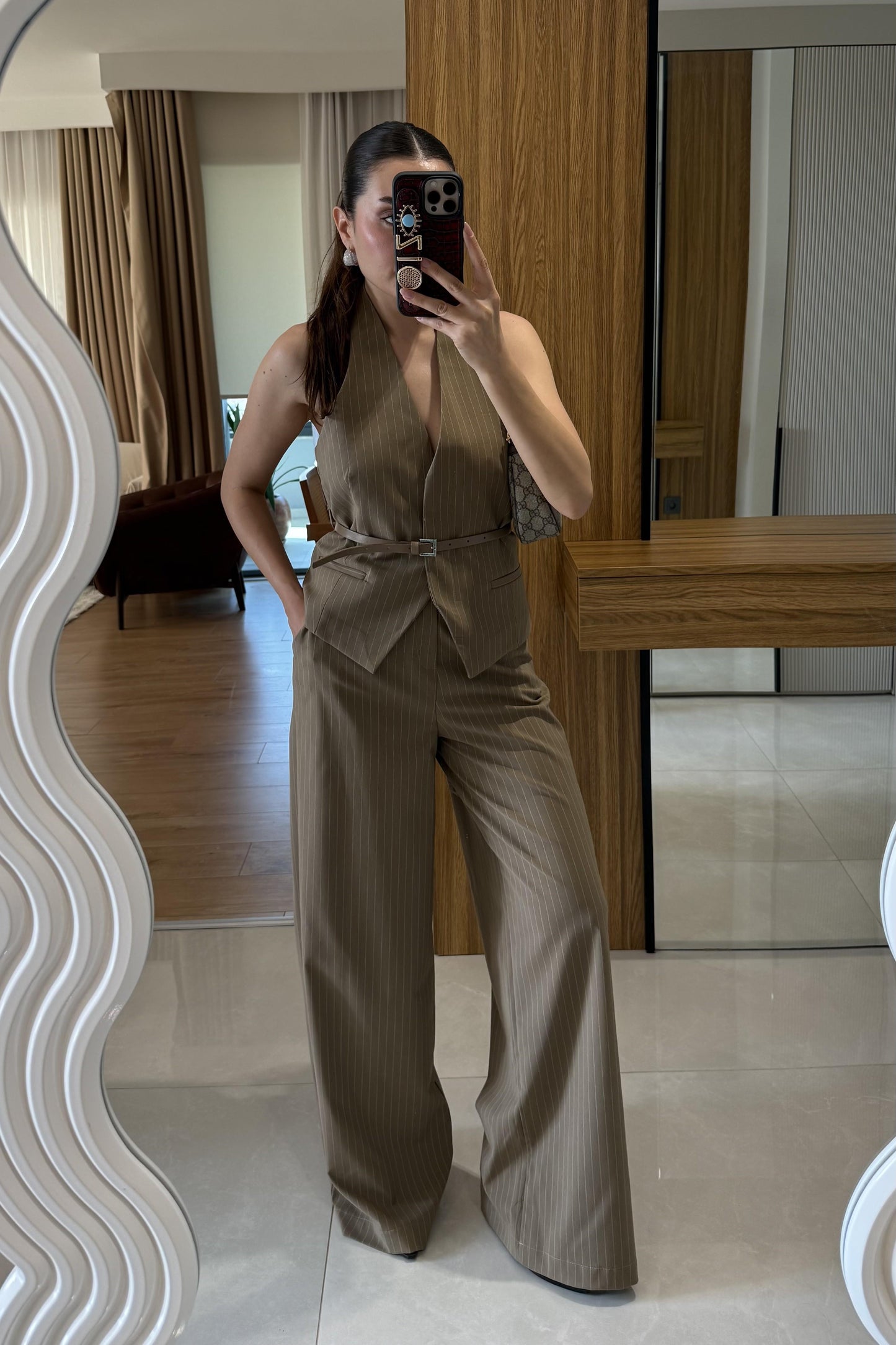 Front Vizon Yelekli Kemerli Çizgili Takım