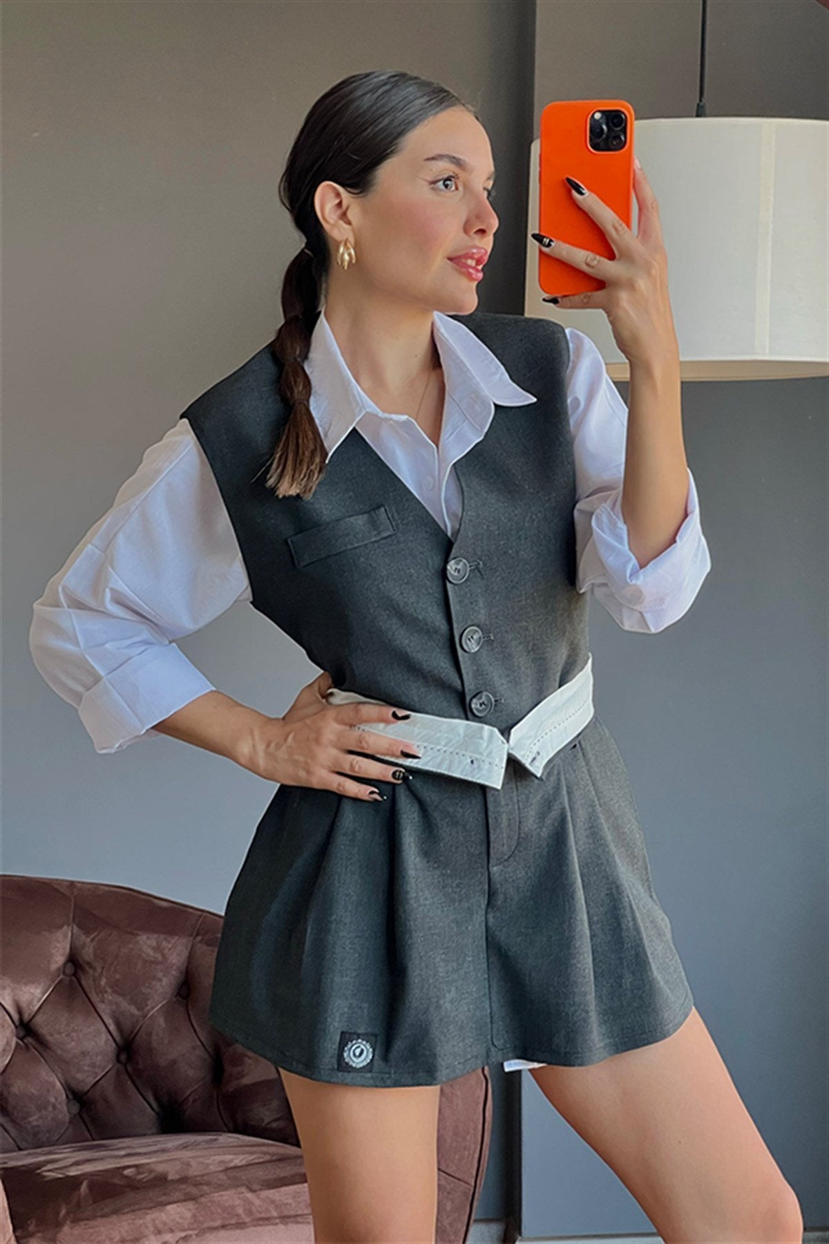 Füme düğmeli kolsuz yelek