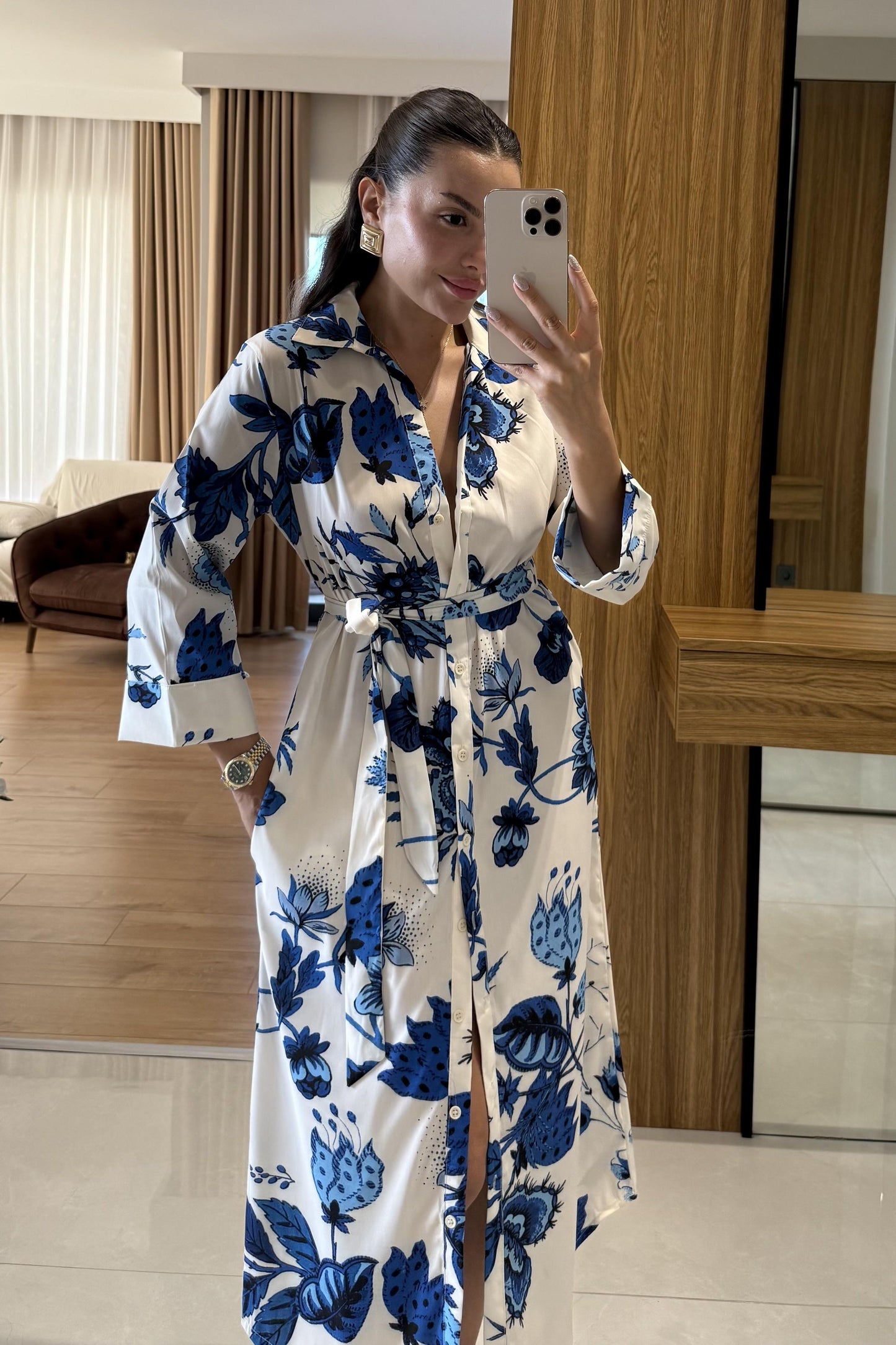 Furia Mavi Çiçek Desenli Belden Bağlamalı Elbise