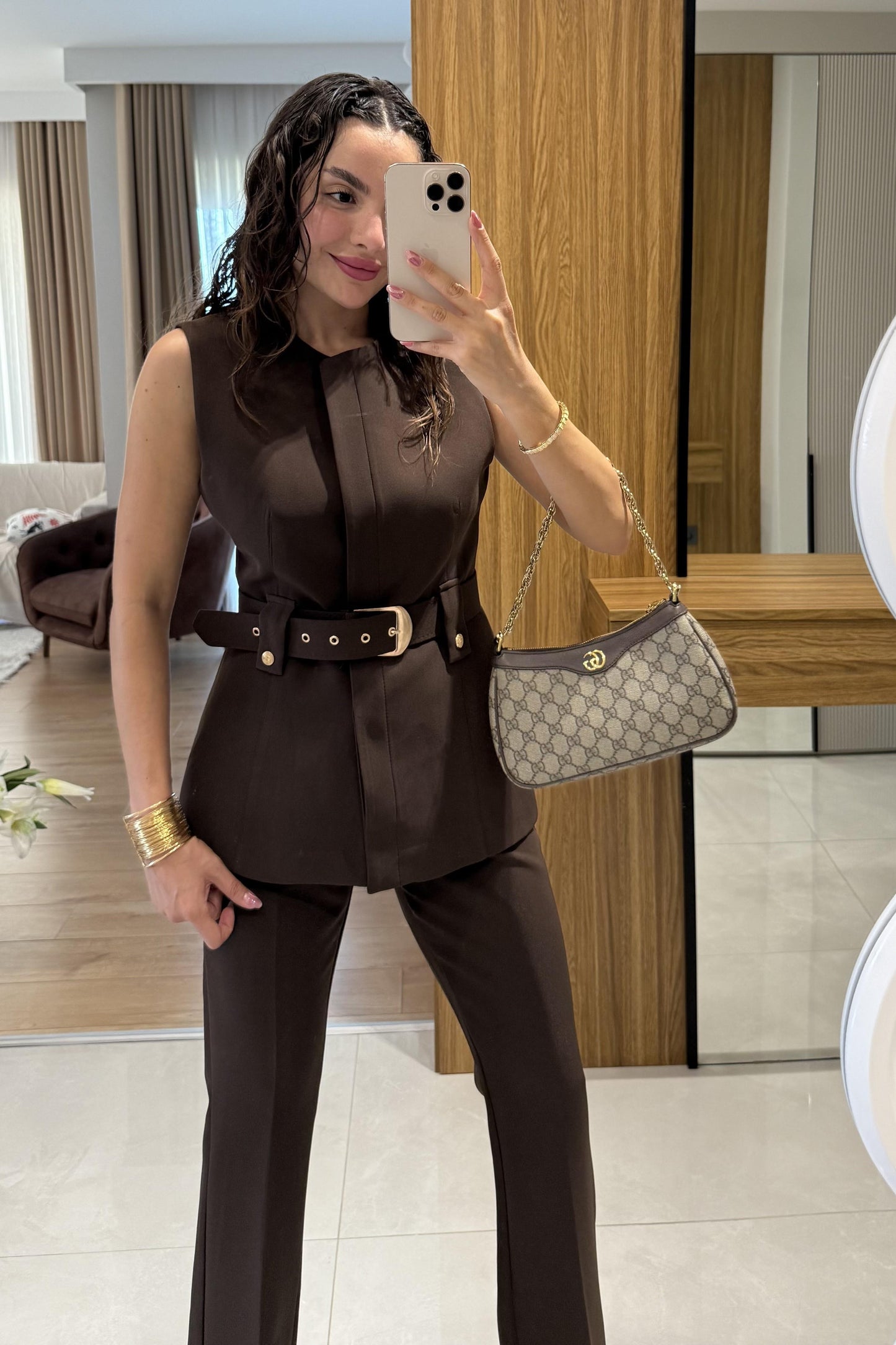 Garcia Kahve Kemerli Yelek Pantolon Takım