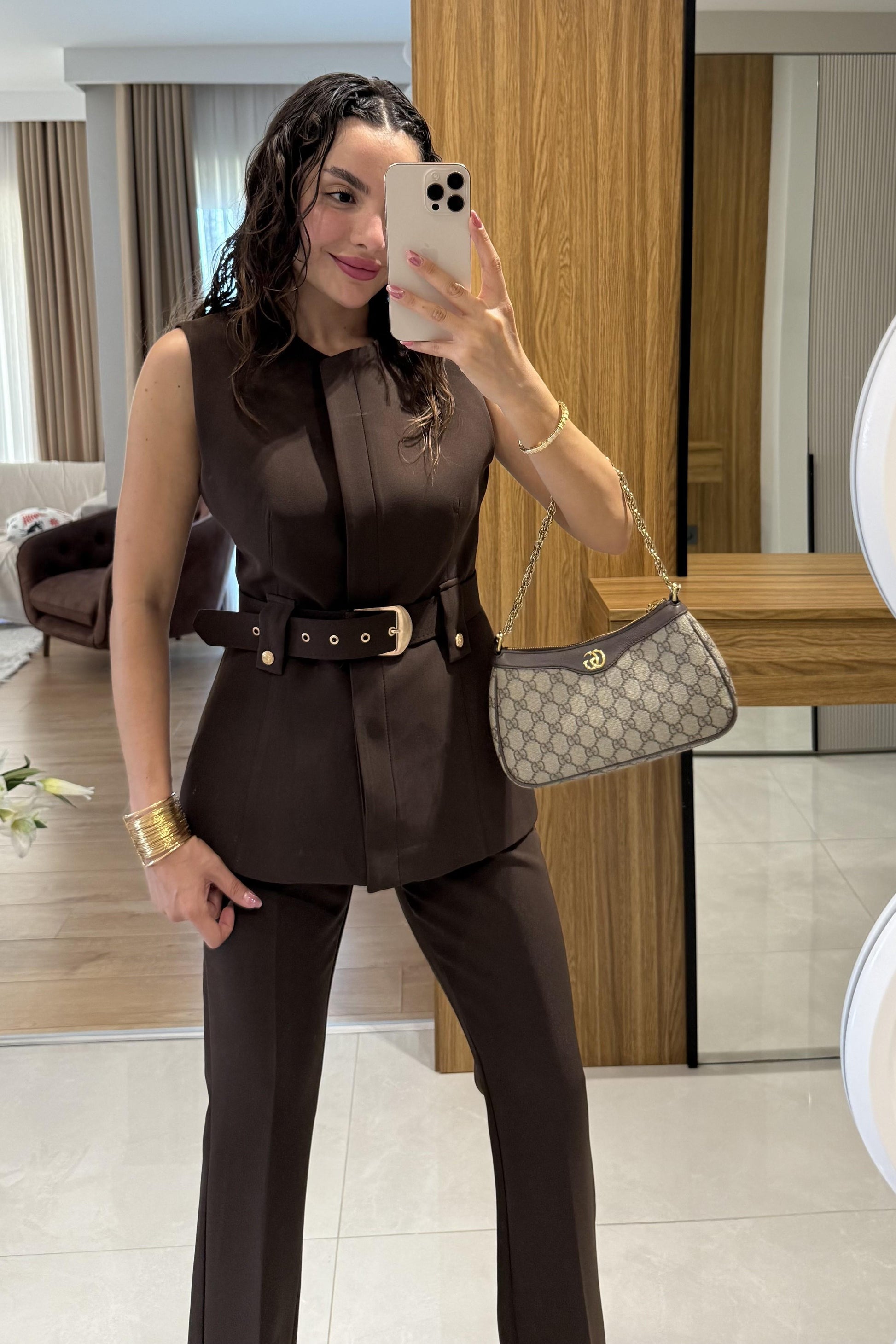 Garcia Kahve Kemerli Yelek Pantolon Takım
