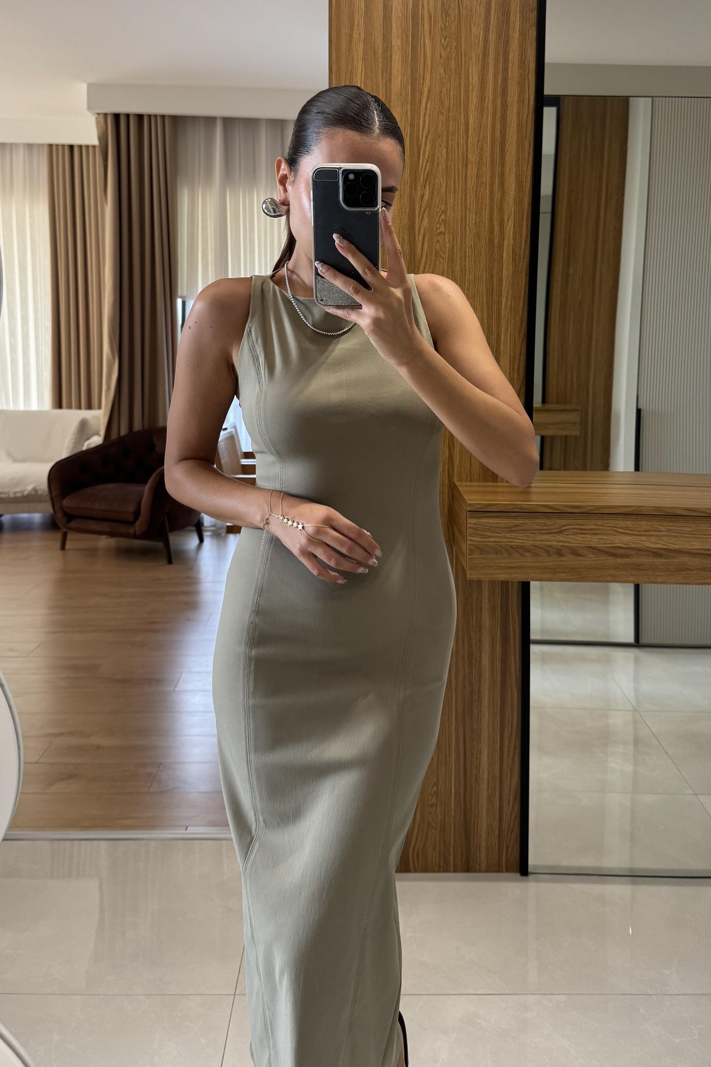 Germany Haki Vücuda Oturan Maxi Elbise