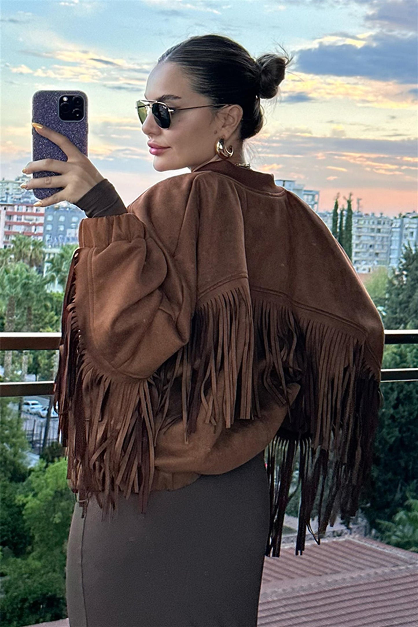 Giella Püsküllü Kadife Biker Ceket