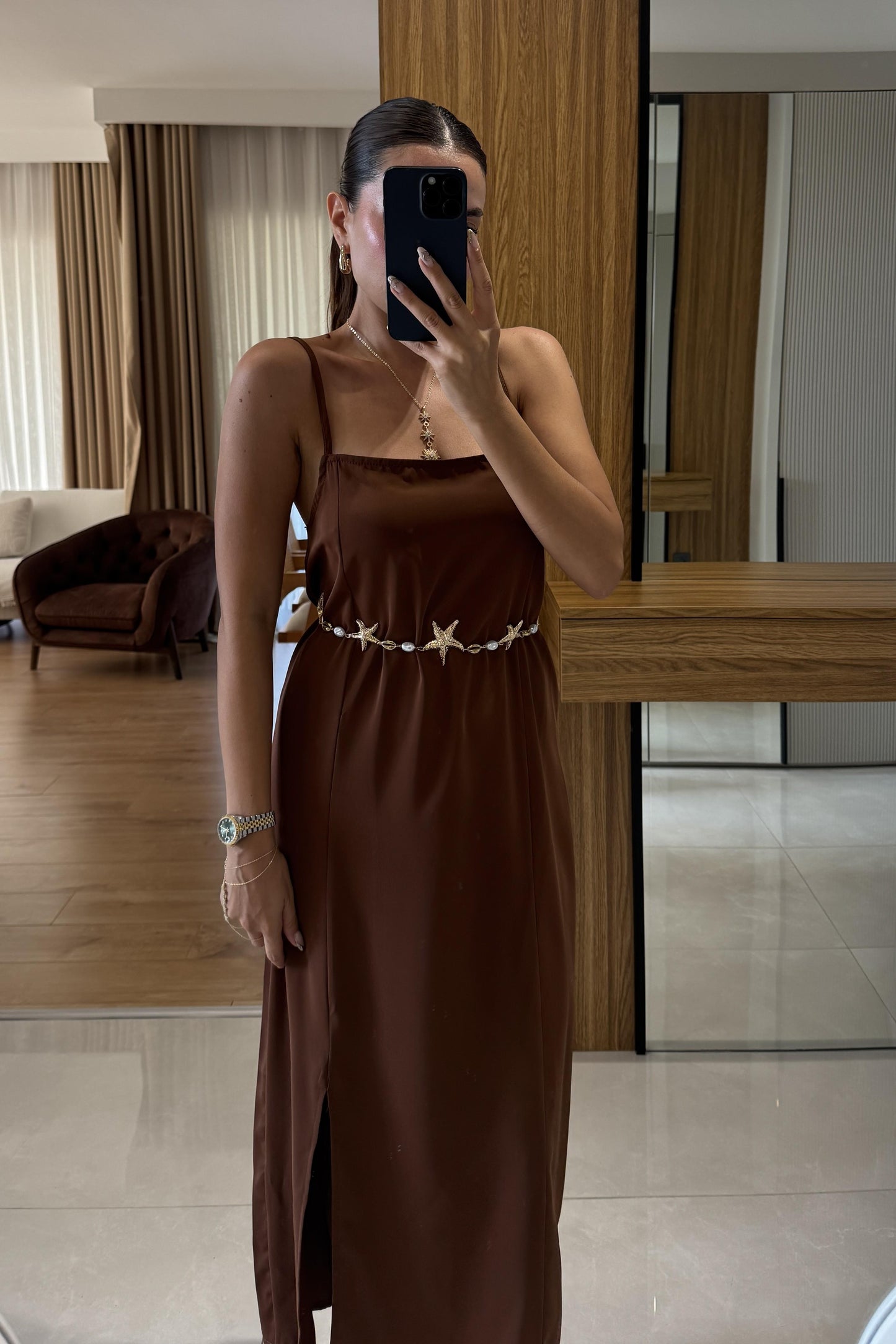 Gown Kahve Askılı Yırtmaçlı Elbise