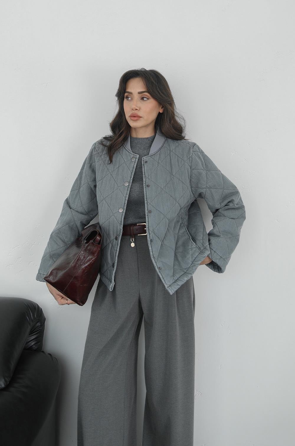 GRI KAPITONE DENIM CEKET