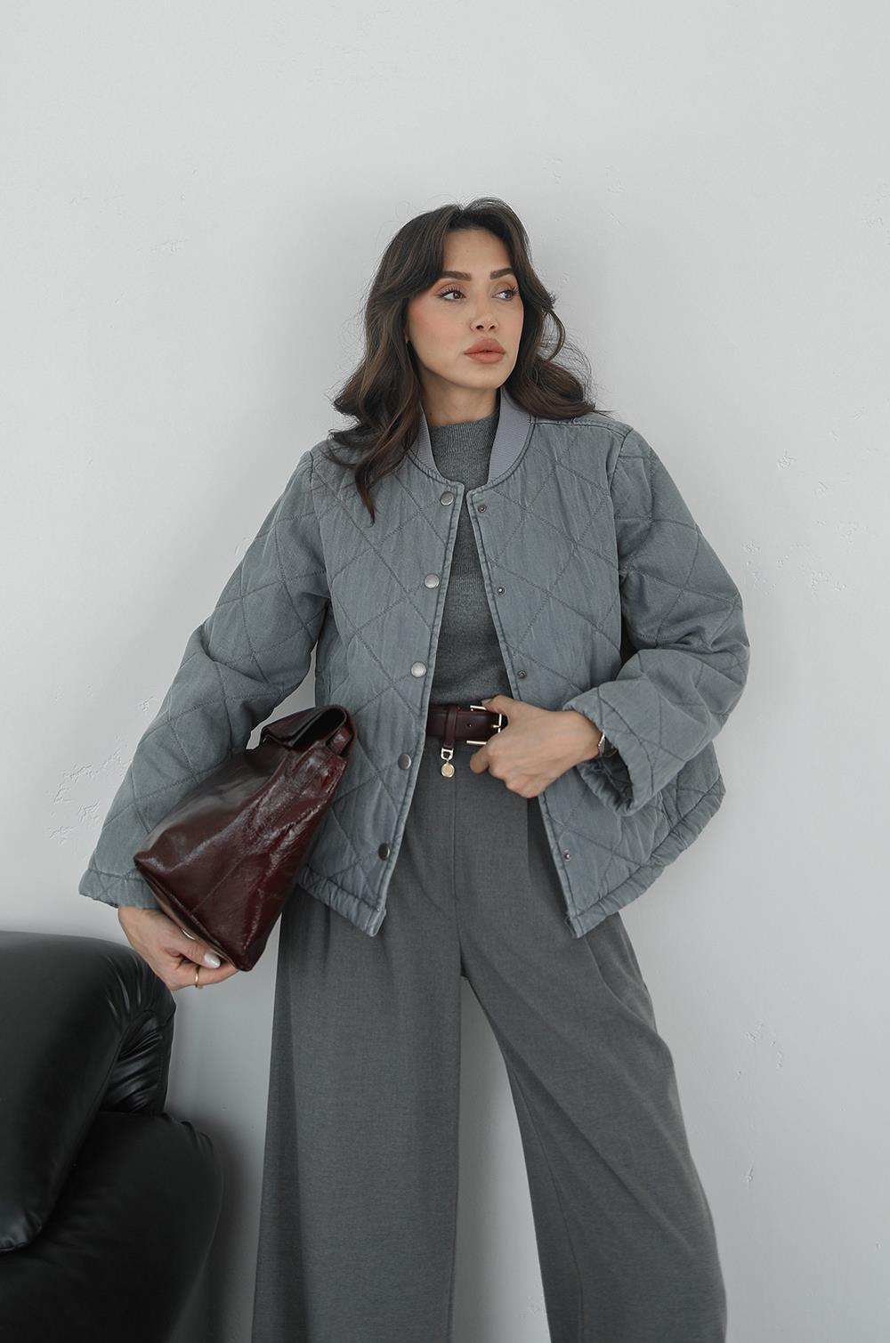 GRI KAPITONE DENIM CEKET
