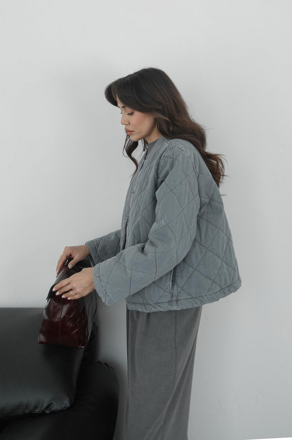 GRI KAPITONE DENIM CEKET