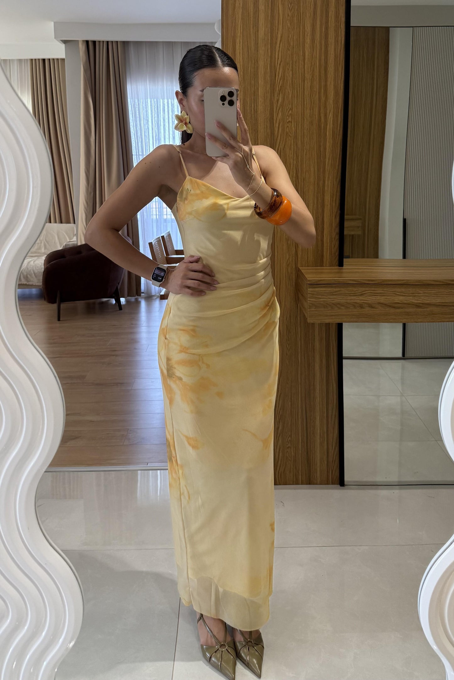 Gustavo Sarı Desenli Tül Elbise