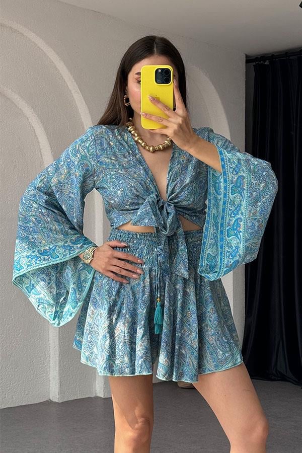 Gypsy Etnik Desenli Şort Takım - Lighblue