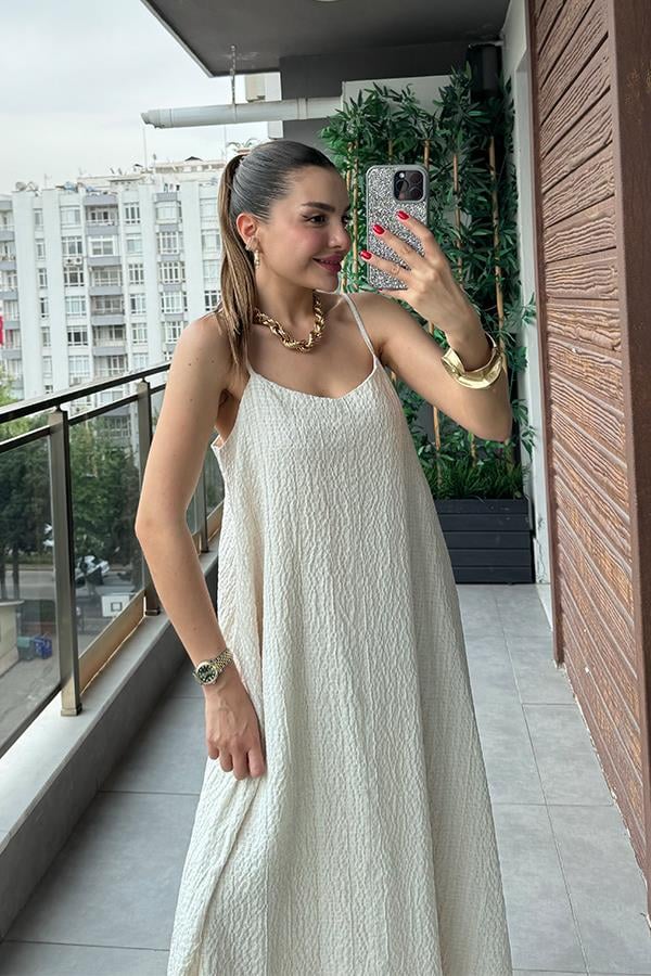 Haifa Keten Kırinkıl Askılı Elbise-Ekru