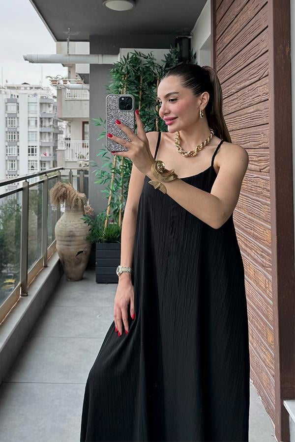 Haifa Keten Kırinkıl Askılı Elbise-Sİyah