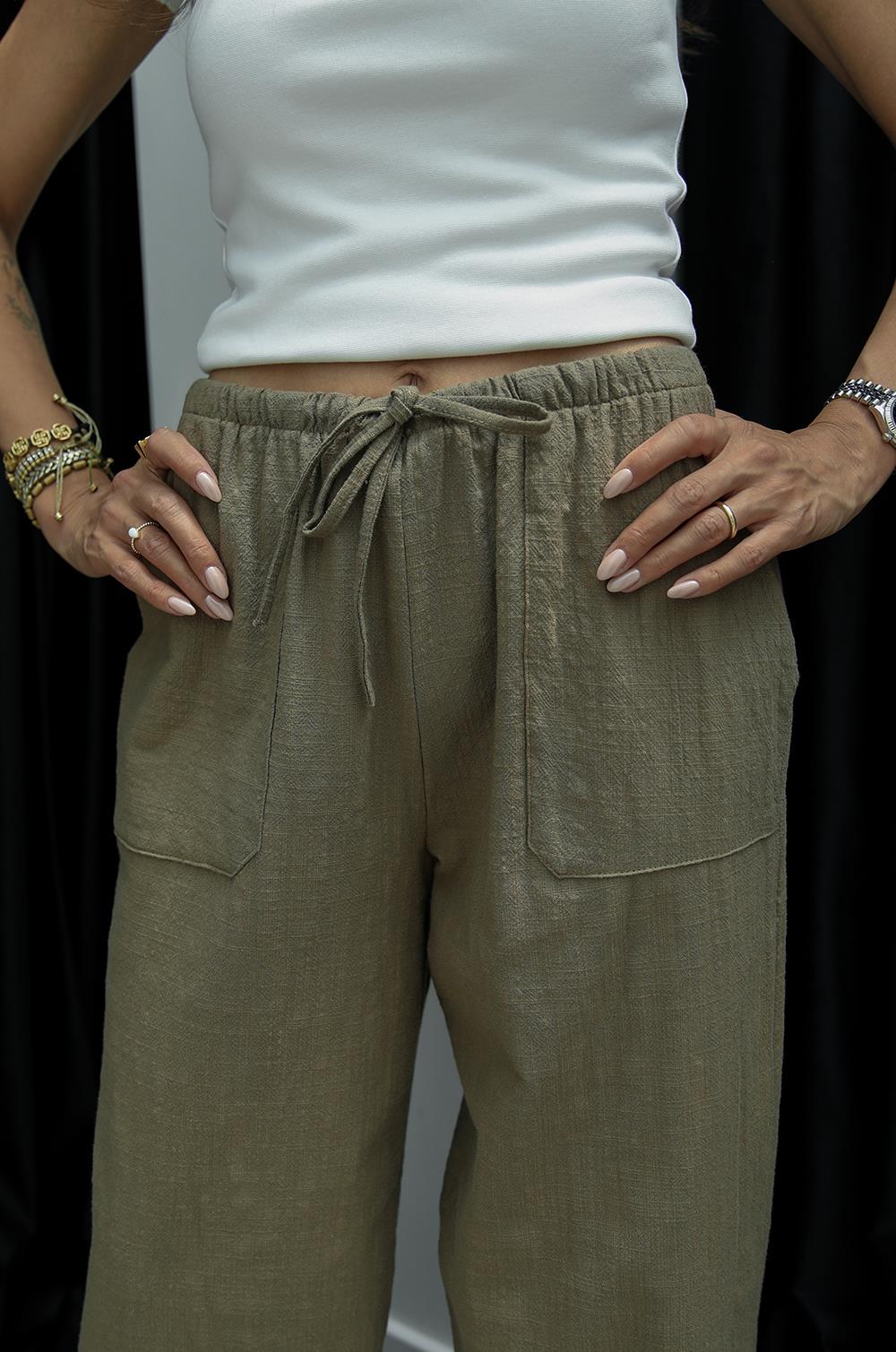 HAKI GENIŞ CEPLI KETEN PANTOLON