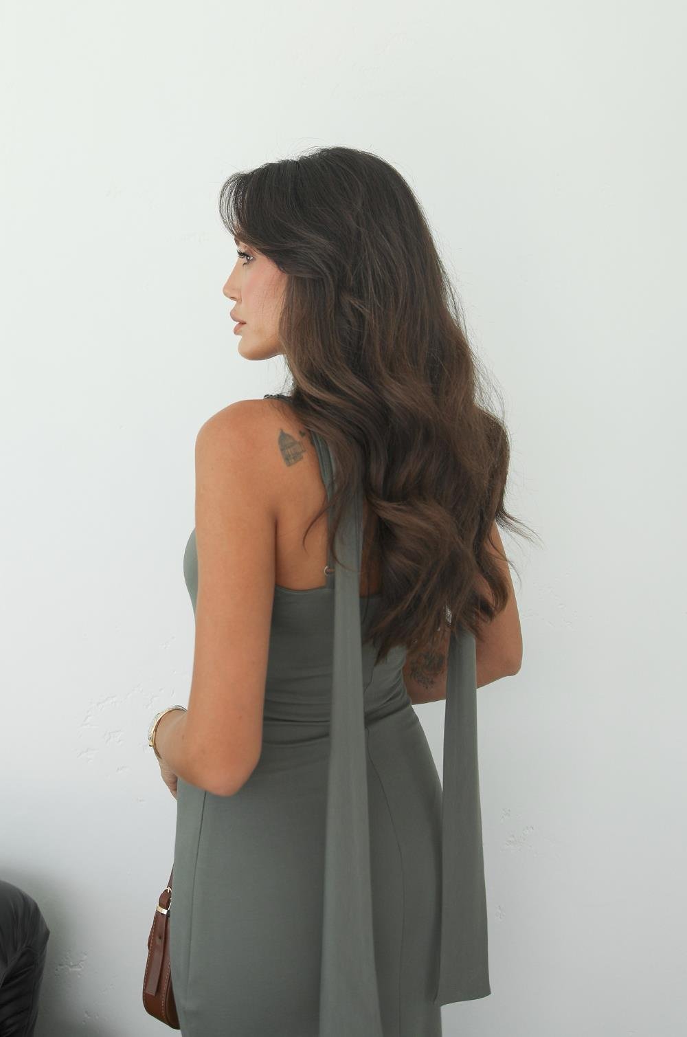 HAKI KERRI İNCE ASKILI ŞALLI ELBISE