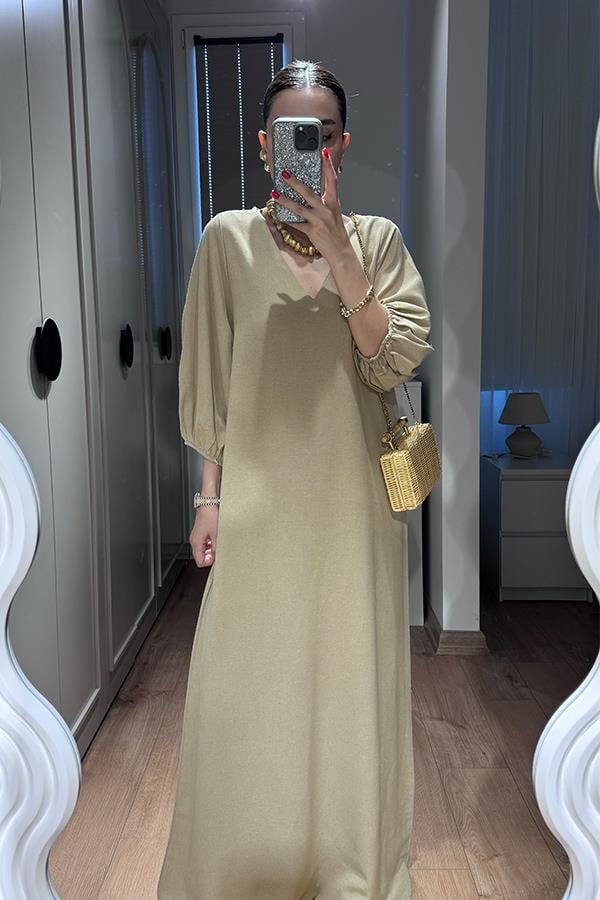 Harper Keten Karpuz Kol Uzun Elbise-Bej