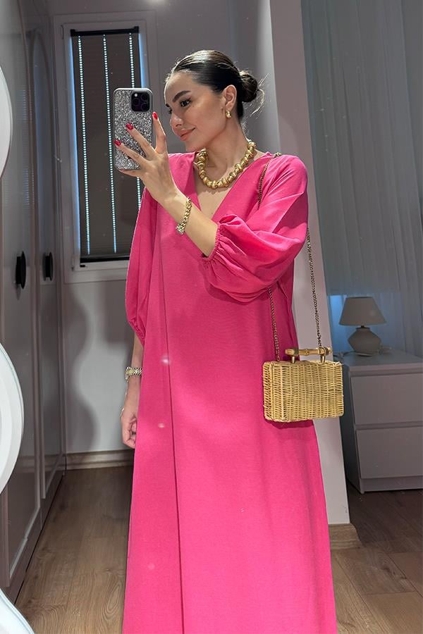 Harper Keten Karpuz Kol Uzun Elbise-Fuşya