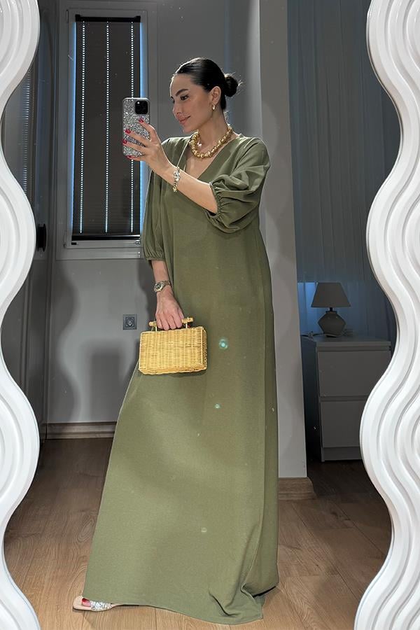 Harper Keten Karpuz Kol Uzun Elbise-Haki