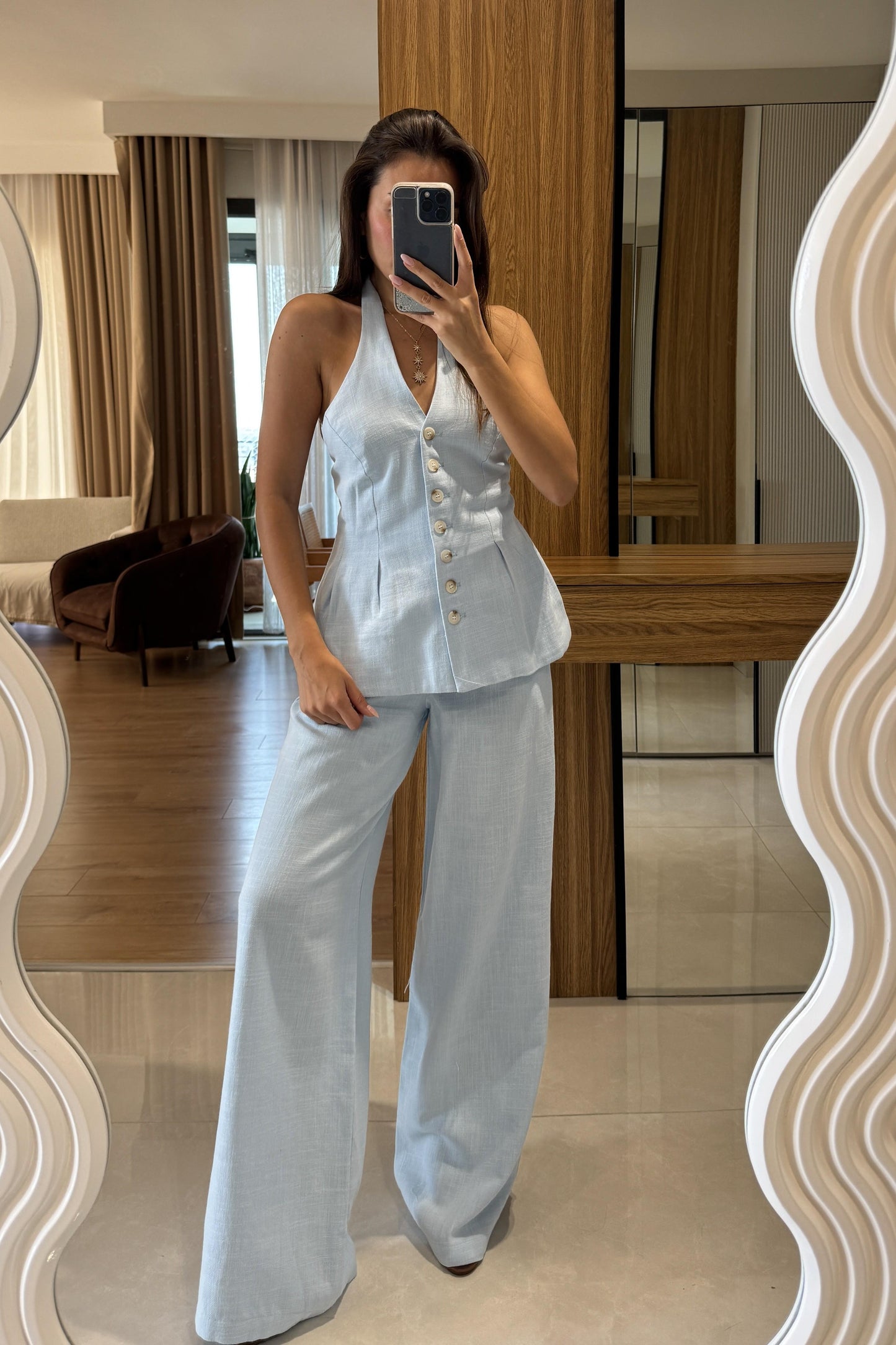 Hauser Mavi Keten Yelekli Takım