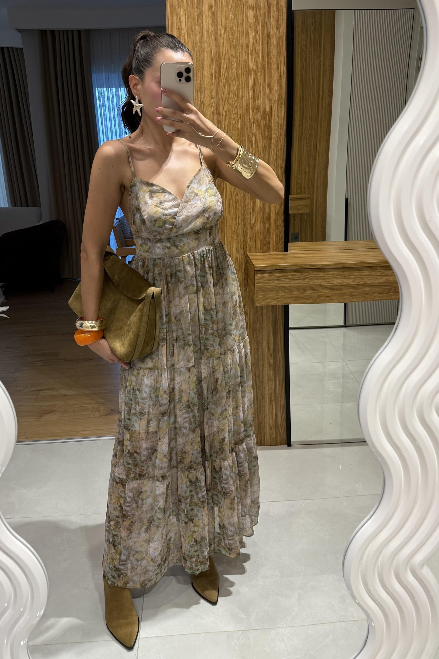 Heidi Haki Desenli Askılı Şifon Elbise