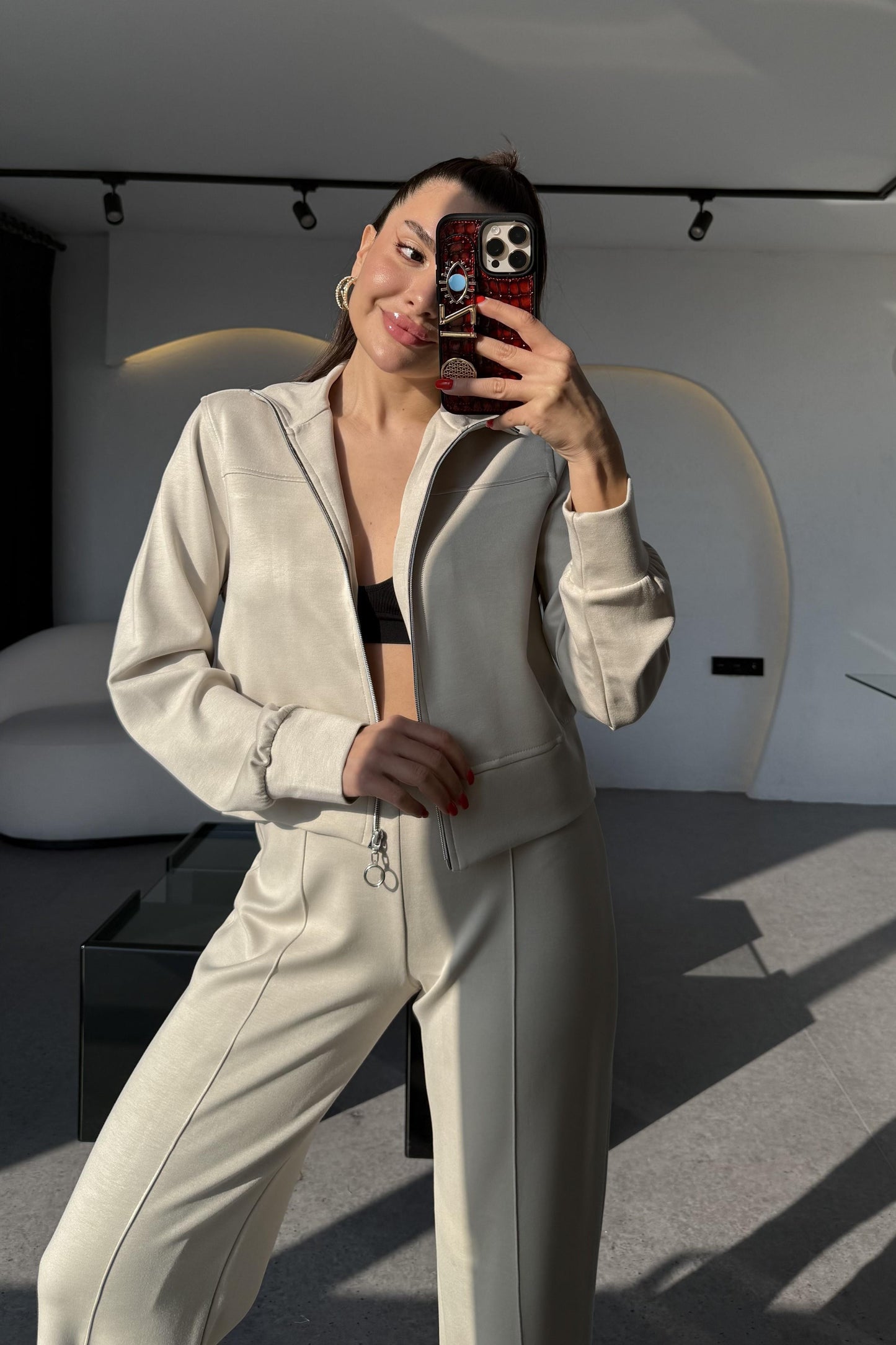 Honey Krem Fermuarlı Modal Takım