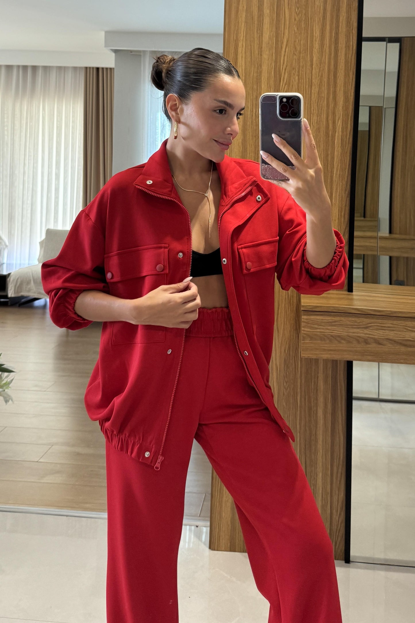 Hors Kırmızı Fermuarlı Cepli Bomber Oversize Eşofman Takımı