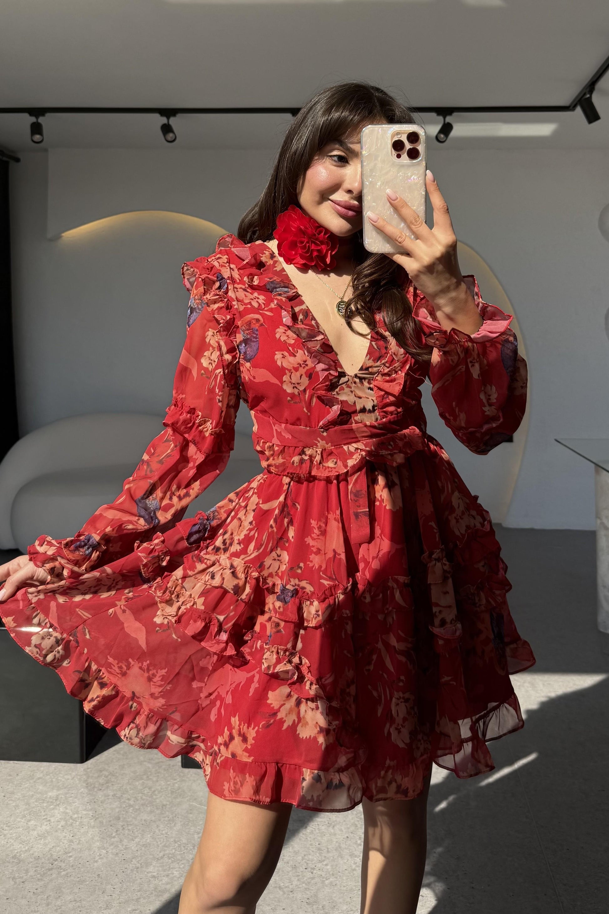 Isabell Kırmızı Arkası Dekolteli Çiçek Desen Elbise