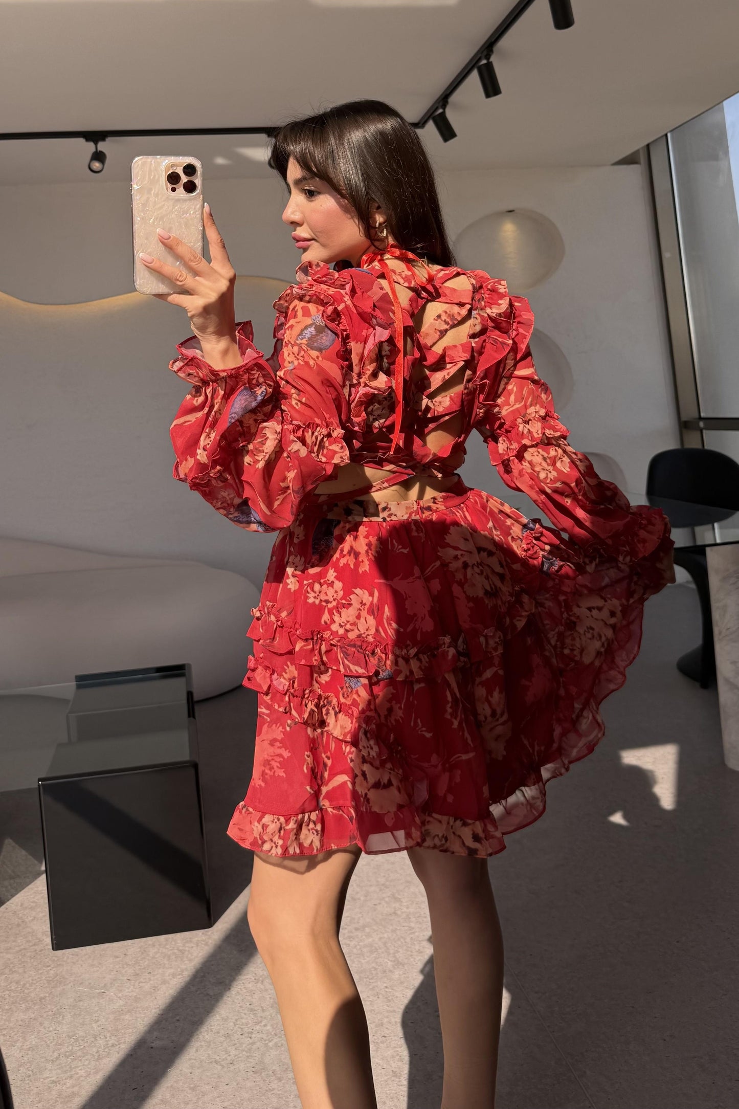 Isabell Kırmızı Arkası Dekolteli Çiçek Desen Elbise