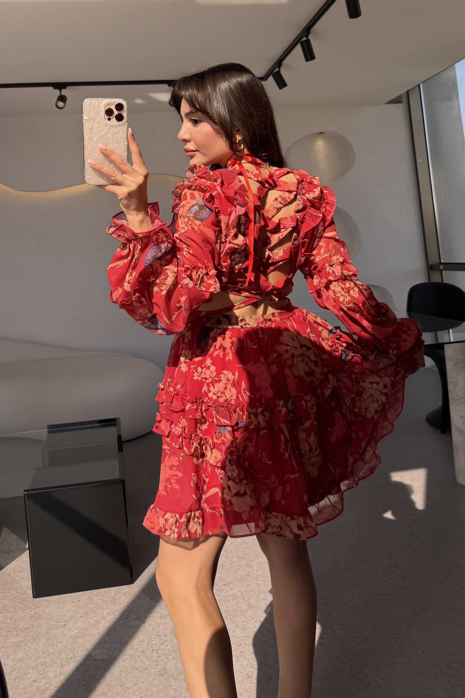 Isabell Kırmızı Arkası Dekolteli Çiçek Desen Elbise