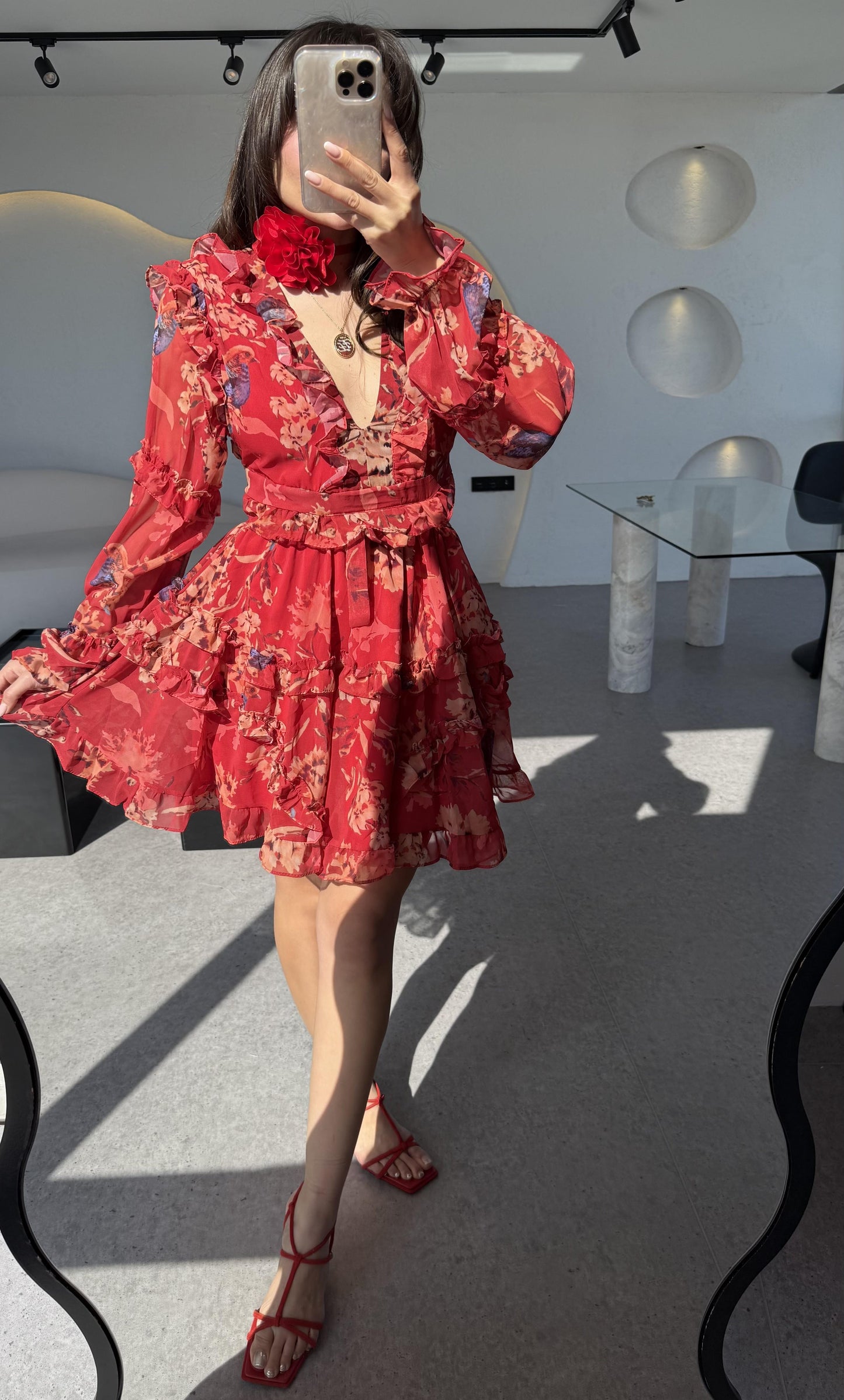 Isabell Kırmızı Arkası Dekolteli Çiçek Desen Elbise