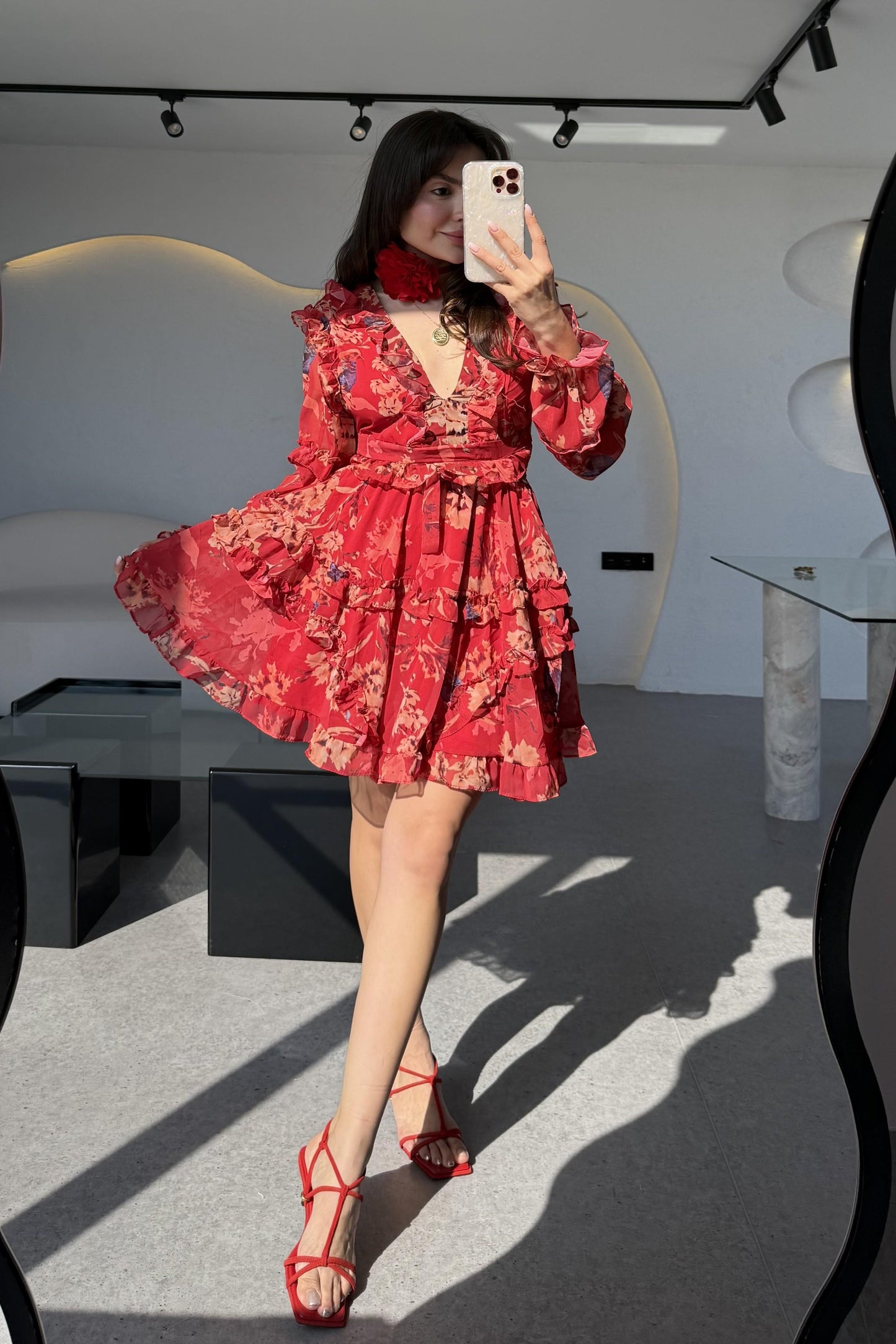 Isabell Kırmızı Arkası Dekolteli Çiçek Desen Elbise