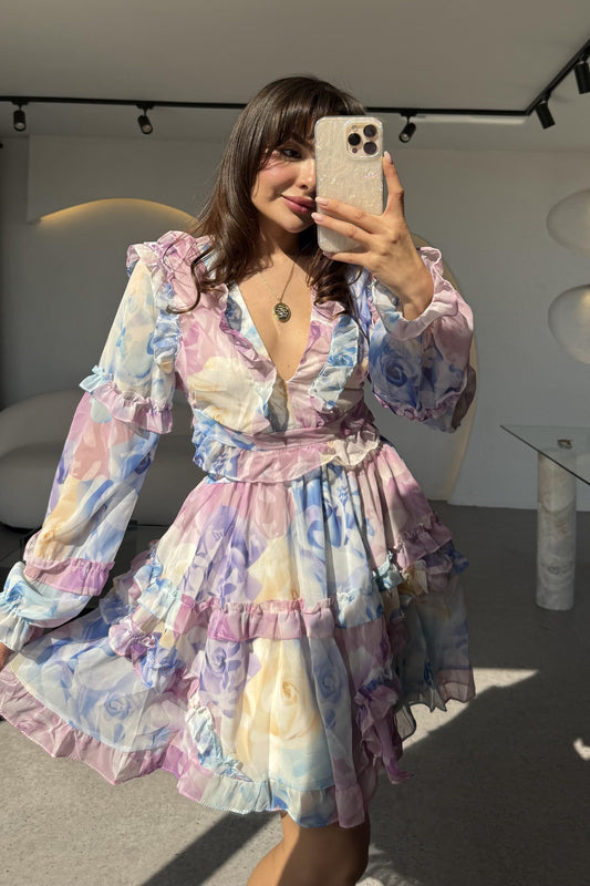 Isabell Mavi Arkası Dekolteli Çiçek Desen Elbise