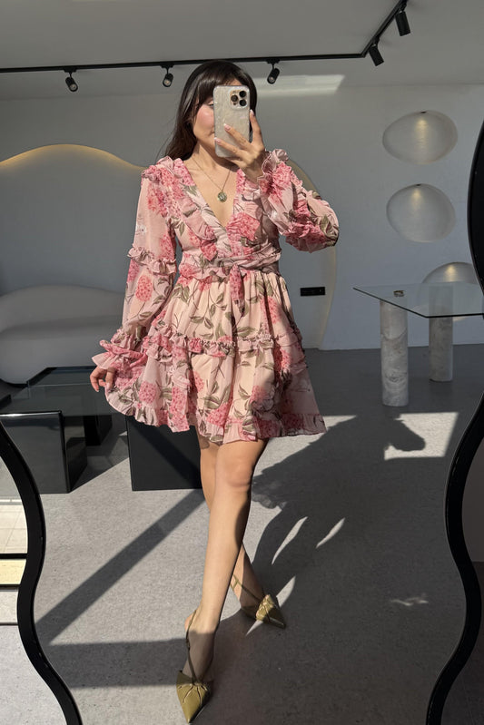 Isabell Pudra Arkası Dekolteli Çiçek Desen Elbise