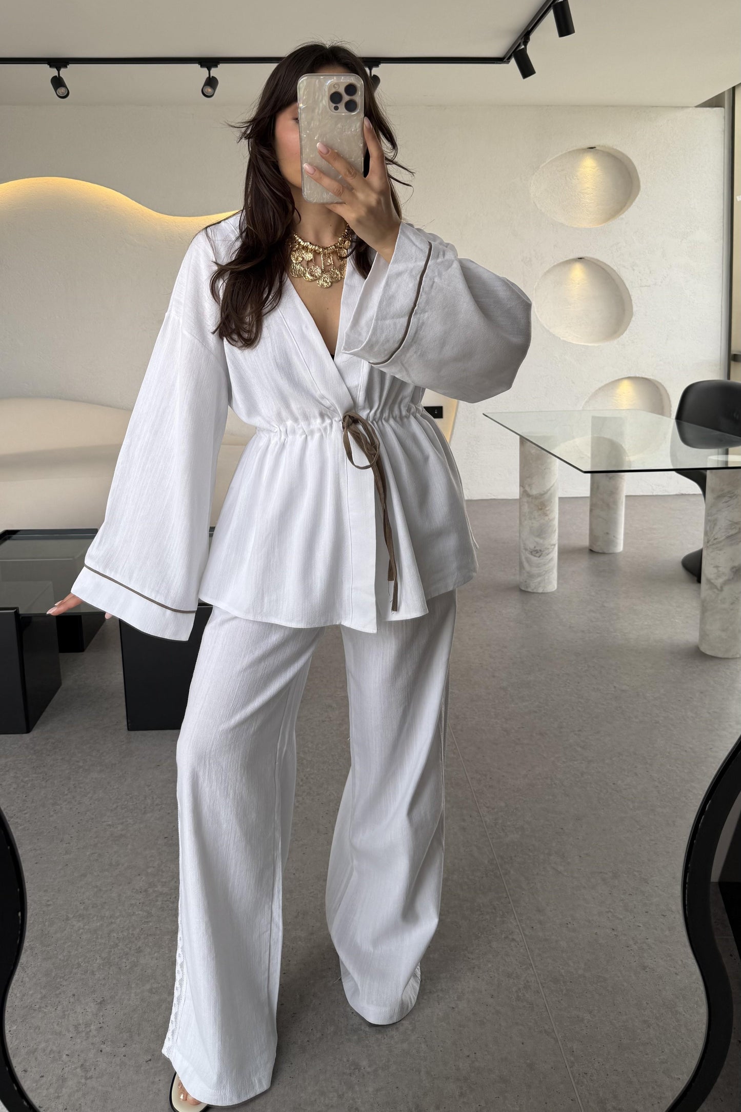 İvana Beyaz Premium Kimonolu Keten Takım