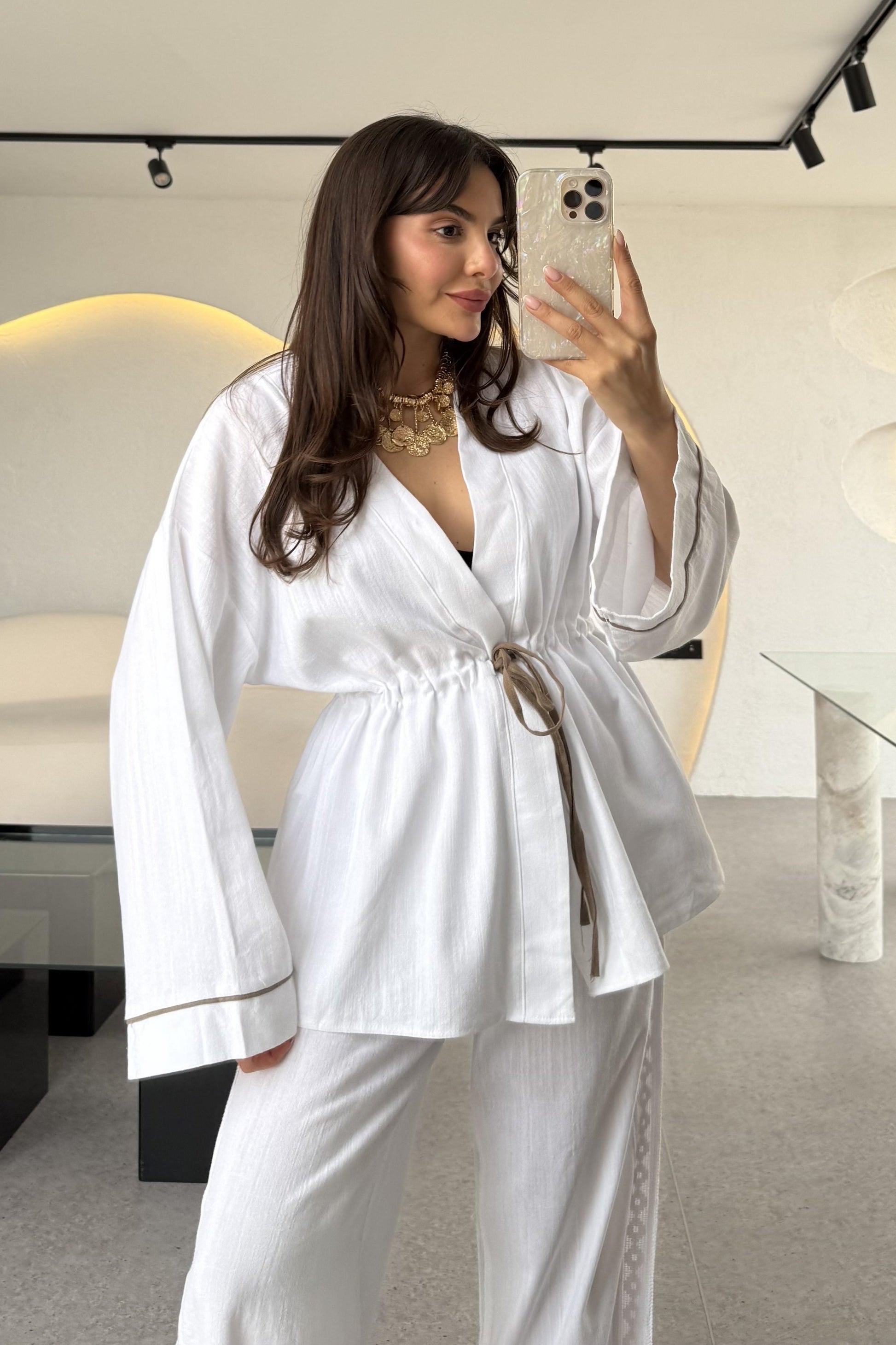 İvana Beyaz Premium Kimonolu Keten Takım