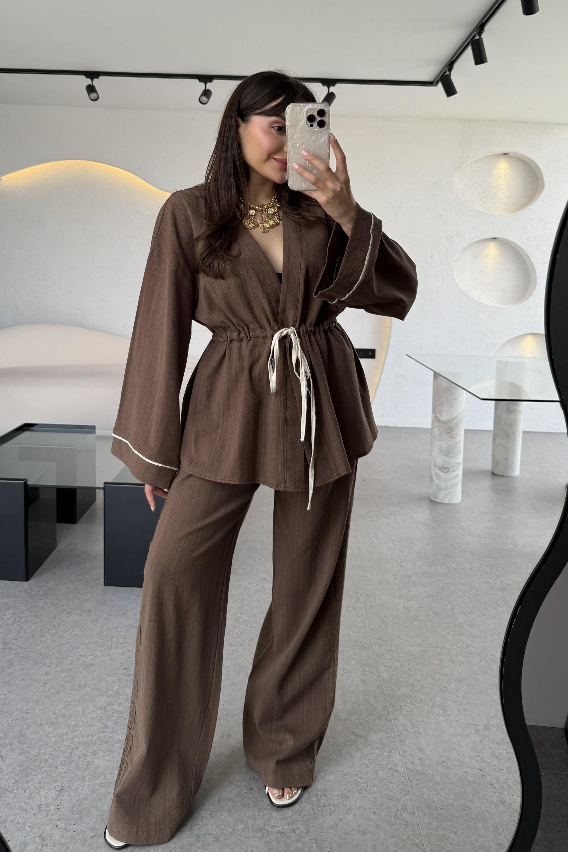 İvana Kahve Premium Kimonolu Keten Takım
