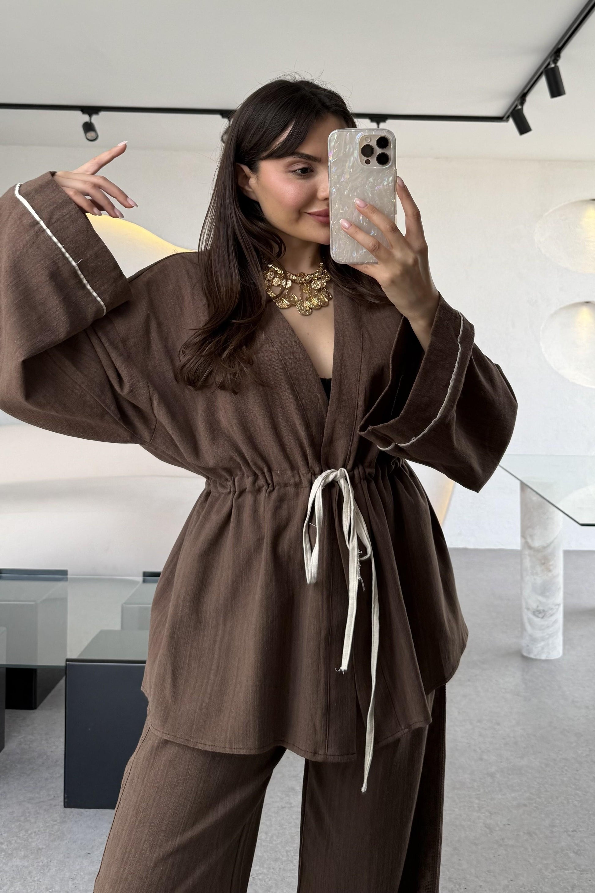İvana Kahve Premium Kimonolu Keten Takım