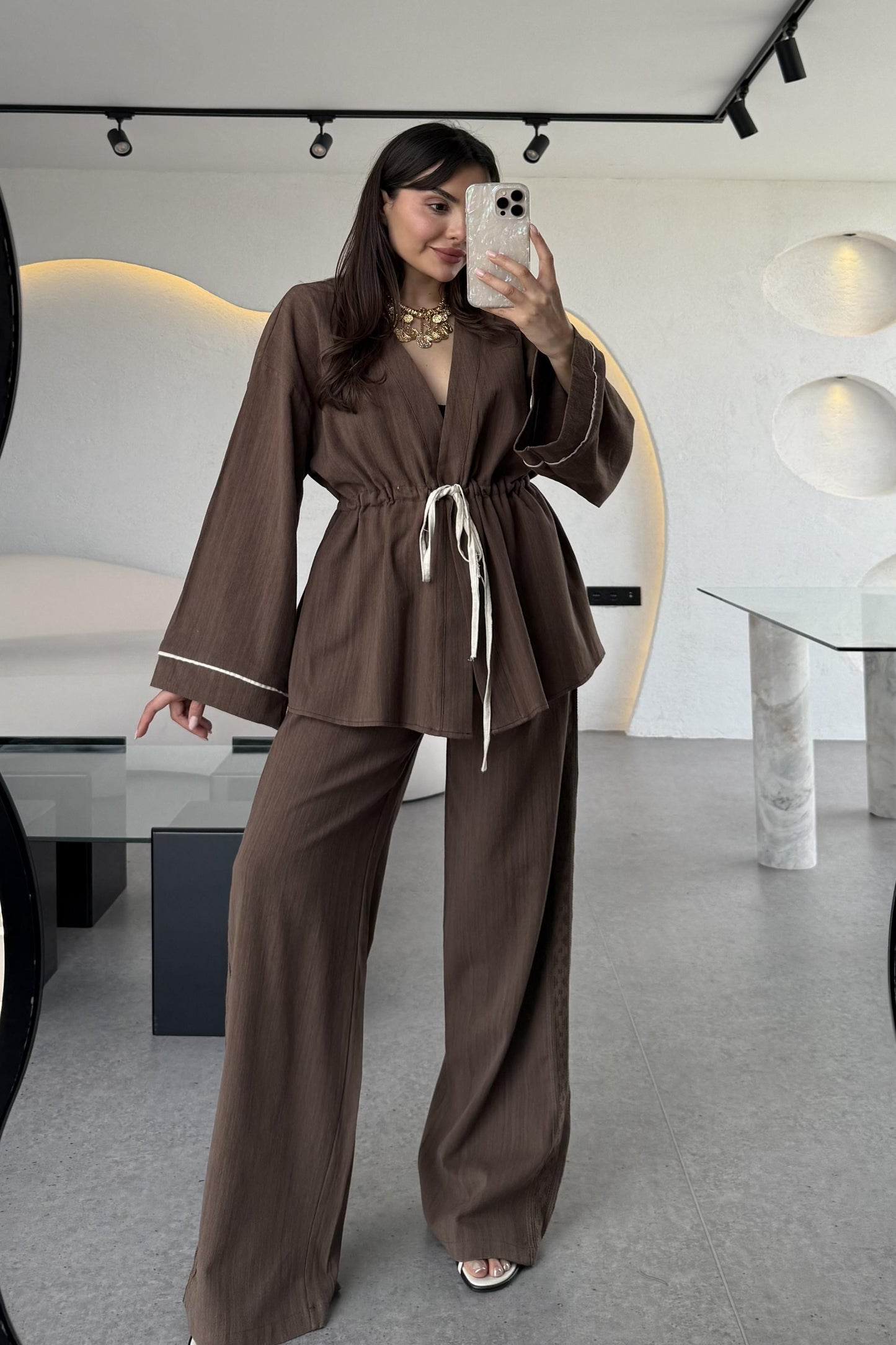 İvana Kahve Premium Kimonolu Keten Takım