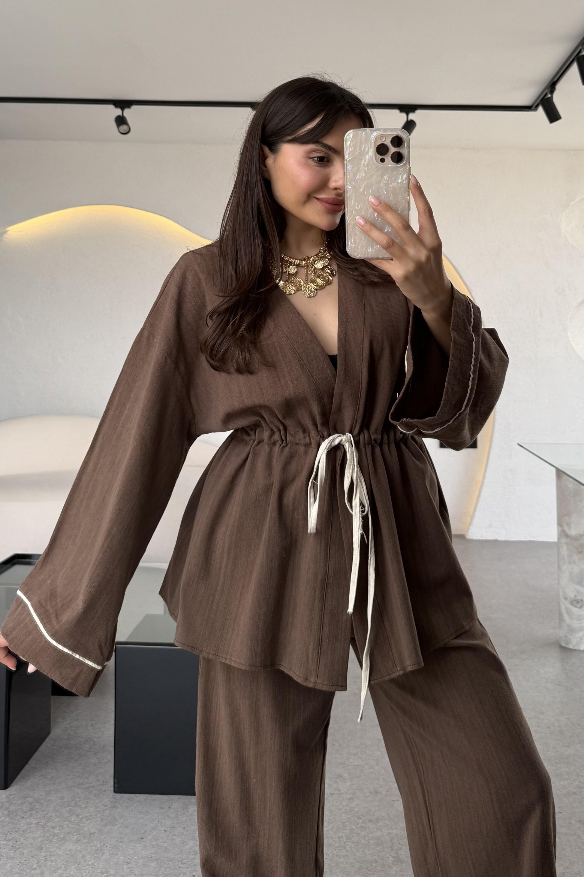 İvana Kahve Premium Kimonolu Keten Takım