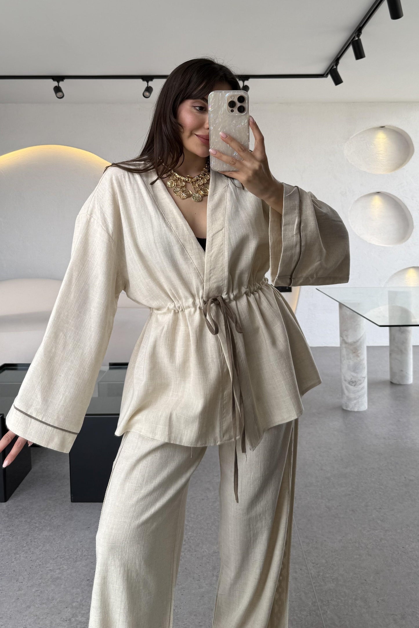 İvana Naturel Premium Kimonolu Keten Takım